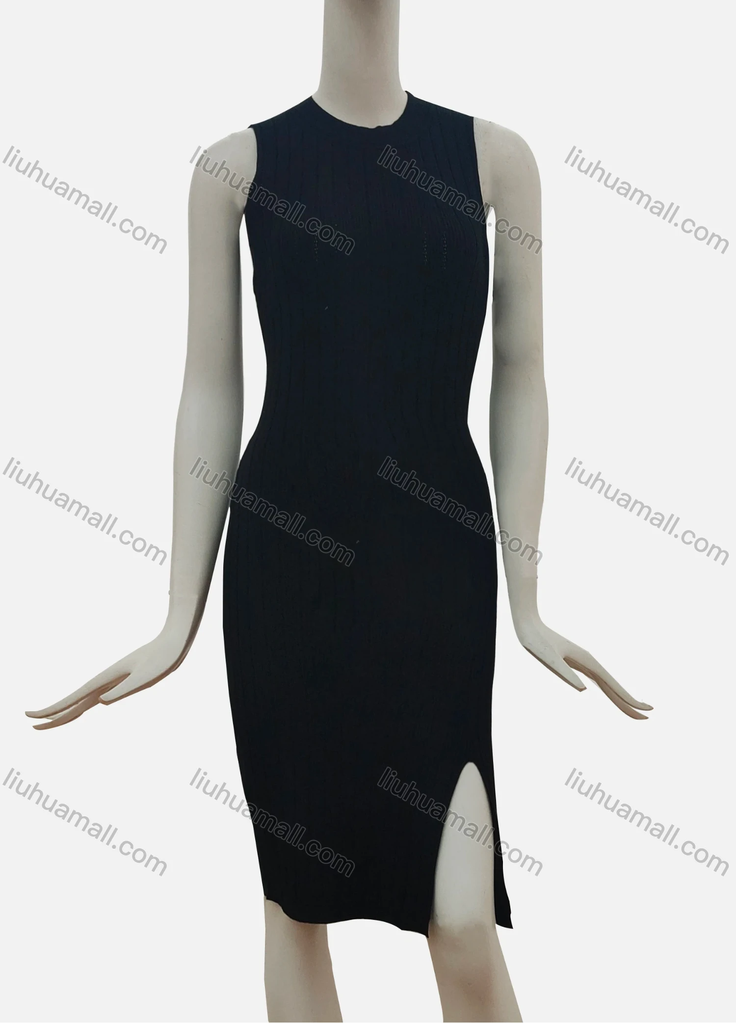 Wholesale Women's Elegant Round Neck Pain Slit Hem Sleeveless Short Dress 007# - Liuhuamall