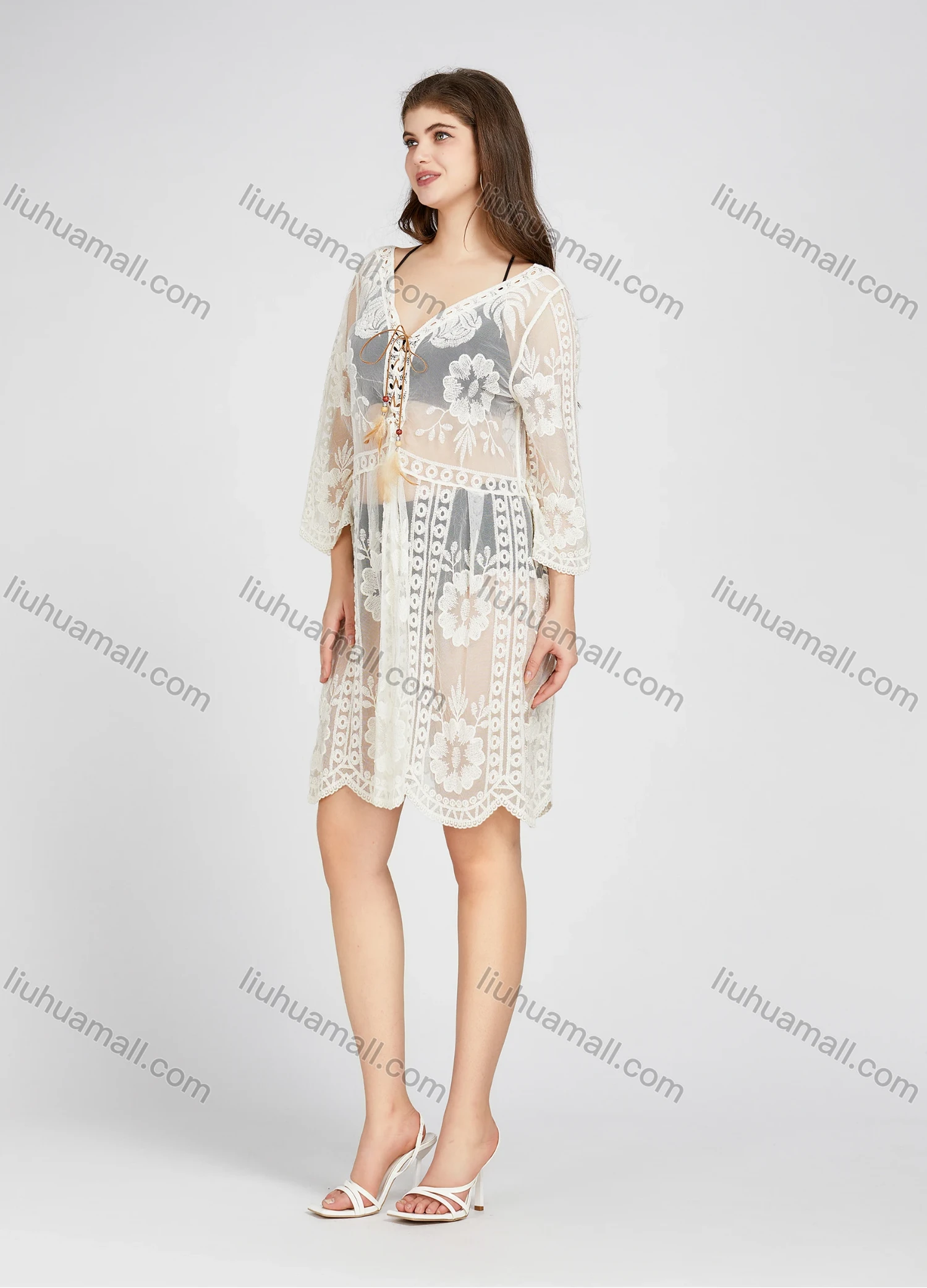 Wholesale Women's Vacation V Neck Hollow Out Eyelet Embroidered 3/4 Sleeve Cover Up Dress 8801# - Liuhuamall
