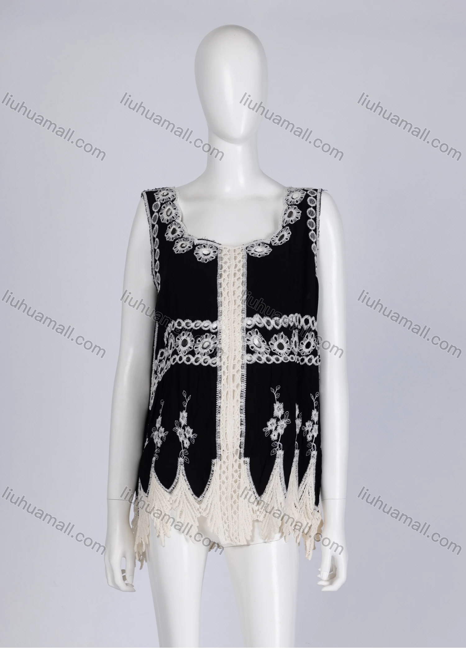 Wholesale Women's Casual Square Neck Floral Print Sleeveless Embroidered Hollow Out Lace Tank Top - Liuhuamall