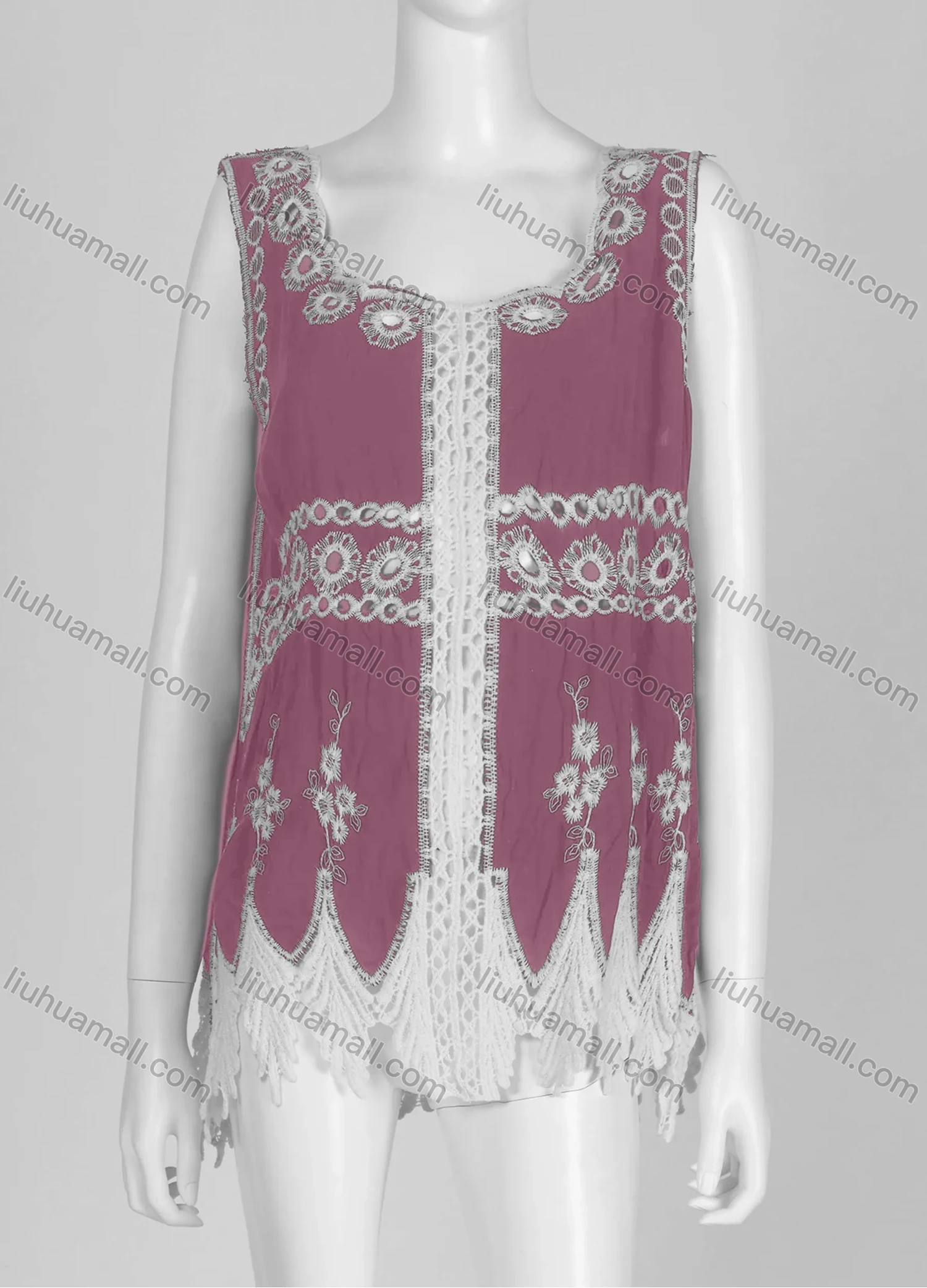 Wholesale Women's Casual Square Neck Floral Print Sleeveless Embroidered Hollow Out Lace Tank Top - Liuhuamall