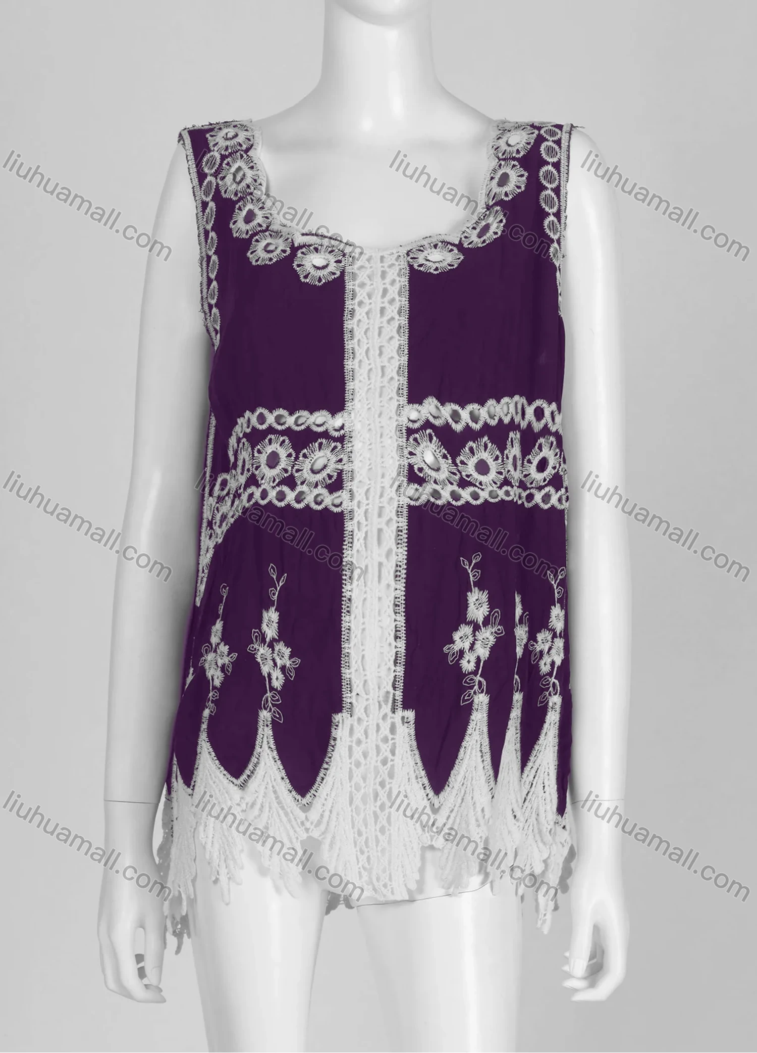 Wholesale Women's Casual Square Neck Floral Print Sleeveless Embroidered Hollow Out Lace Tank Top - Liuhuamall
