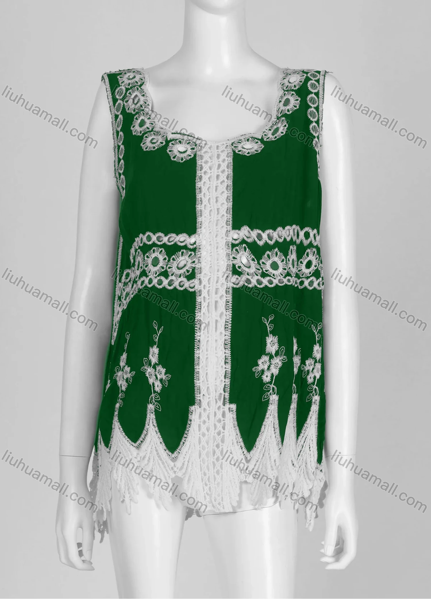 Wholesale Women's Casual Square Neck Floral Print Sleeveless Embroidered Hollow Out Lace Tank Top - Liuhuamall