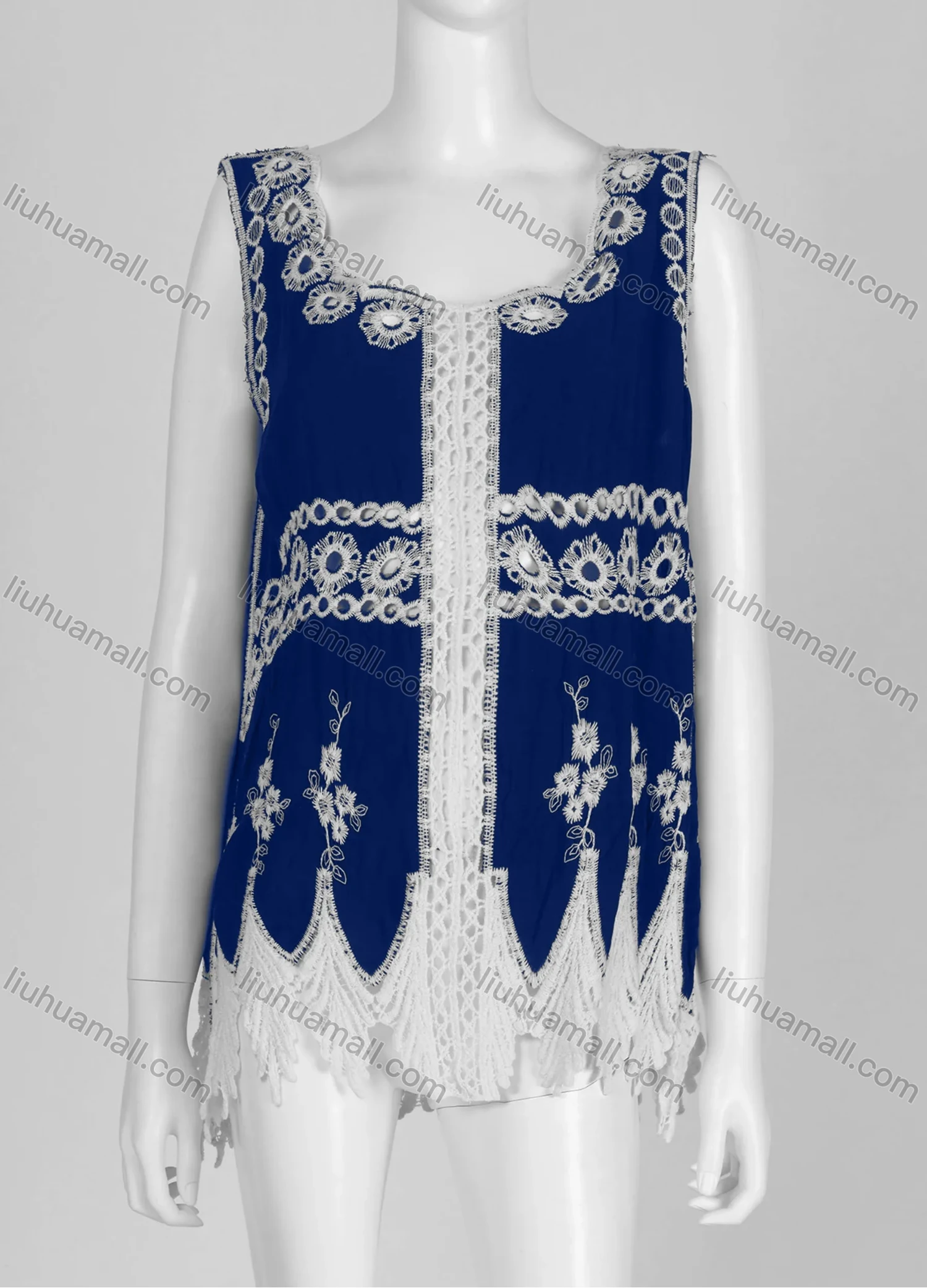 Wholesale Women's Casual Square Neck Floral Print Sleeveless Embroidered Hollow Out Lace Tank Top - Liuhuamall
