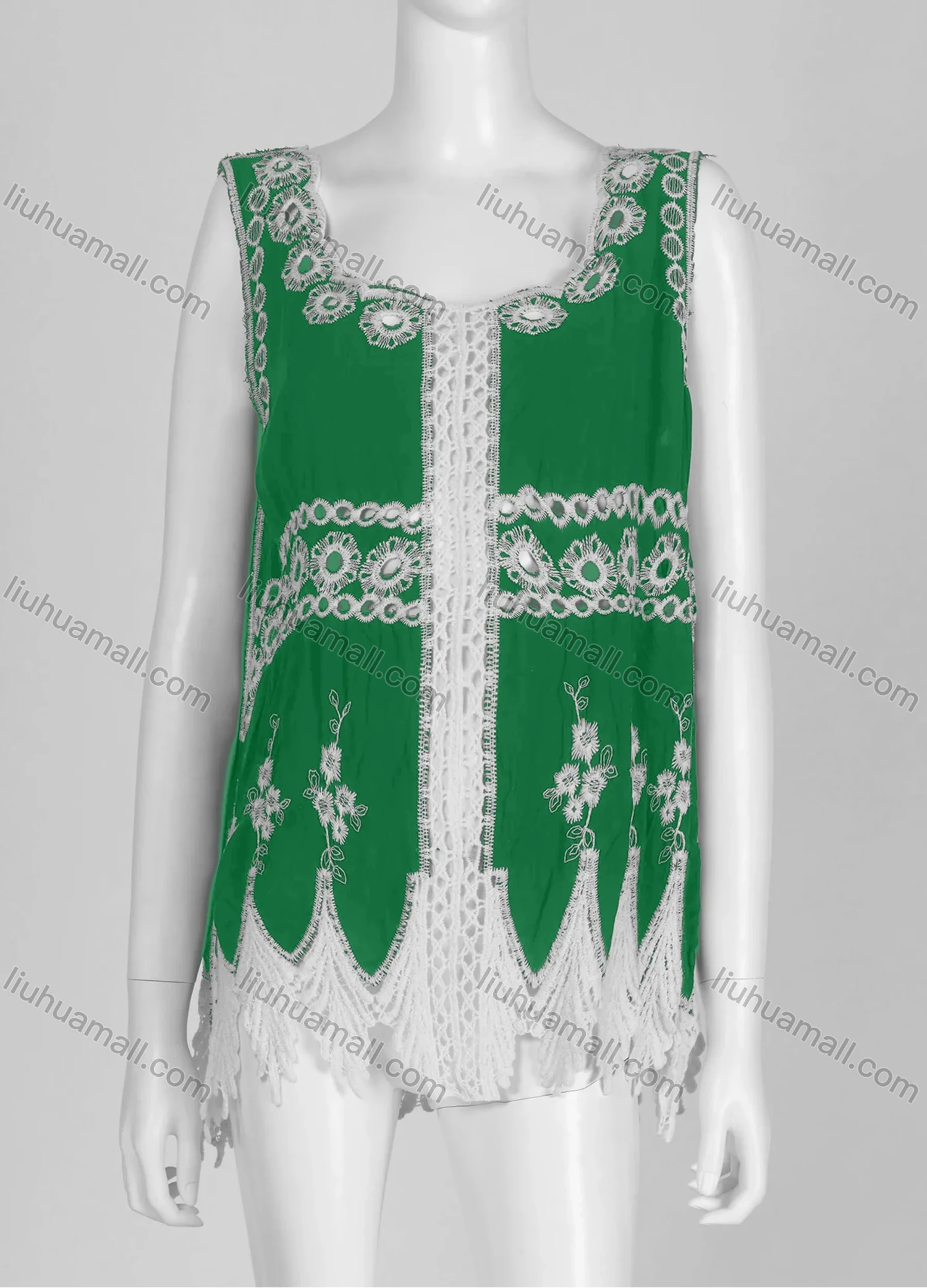 Wholesale Women's Casual Square Neck Floral Print Sleeveless Embroidered Hollow Out Lace Tank Top - Liuhuamall