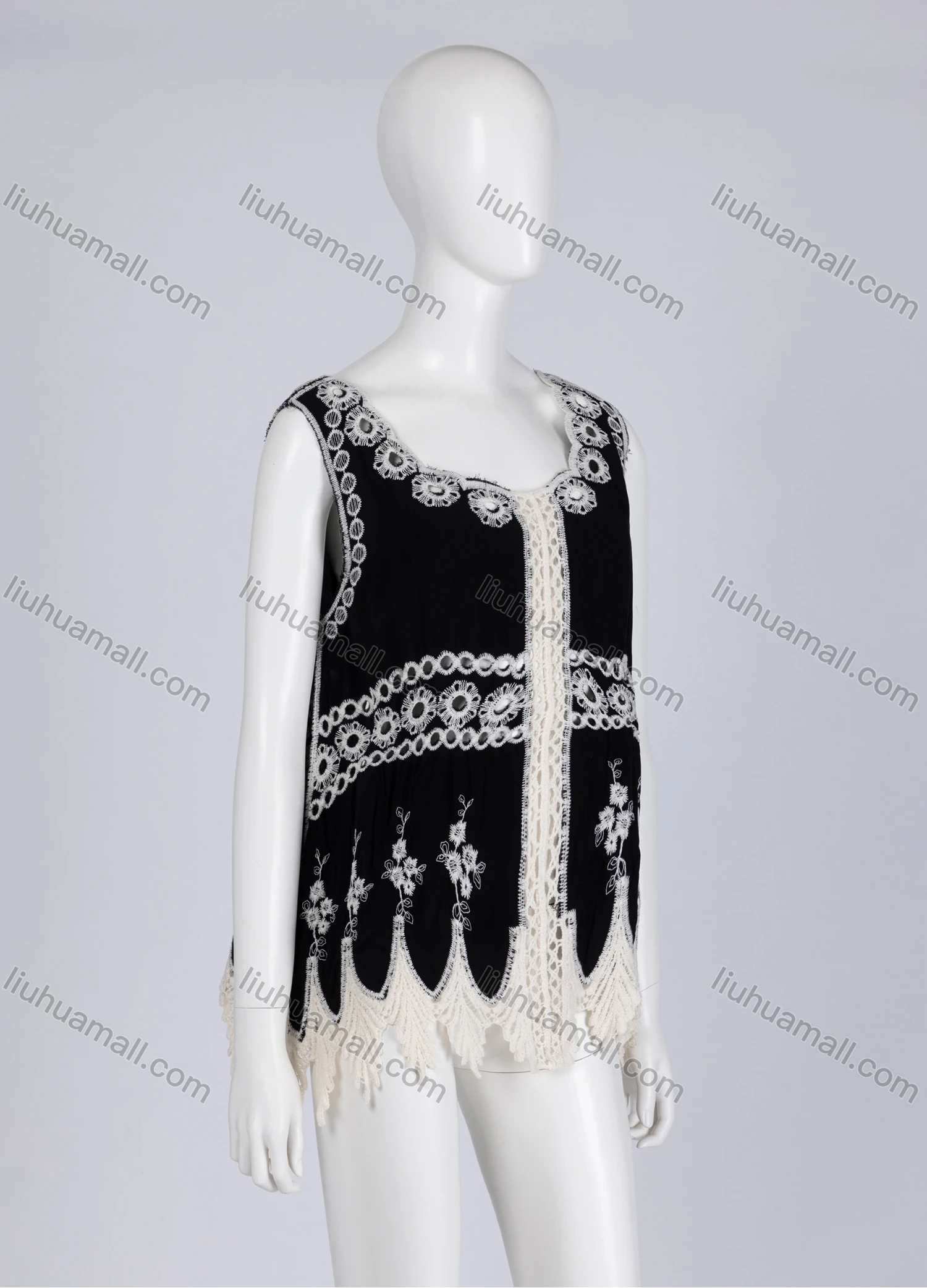 Wholesale Women's Casual Square Neck Floral Print Sleeveless Embroidered Hollow Out Lace Tank Top - Liuhuamall