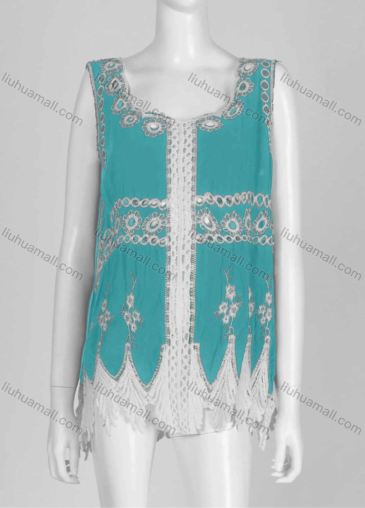Wholesale Women's Casual Square Neck Floral Print Sleeveless Embroidered Hollow Out Lace Tank Top - Liuhuamall