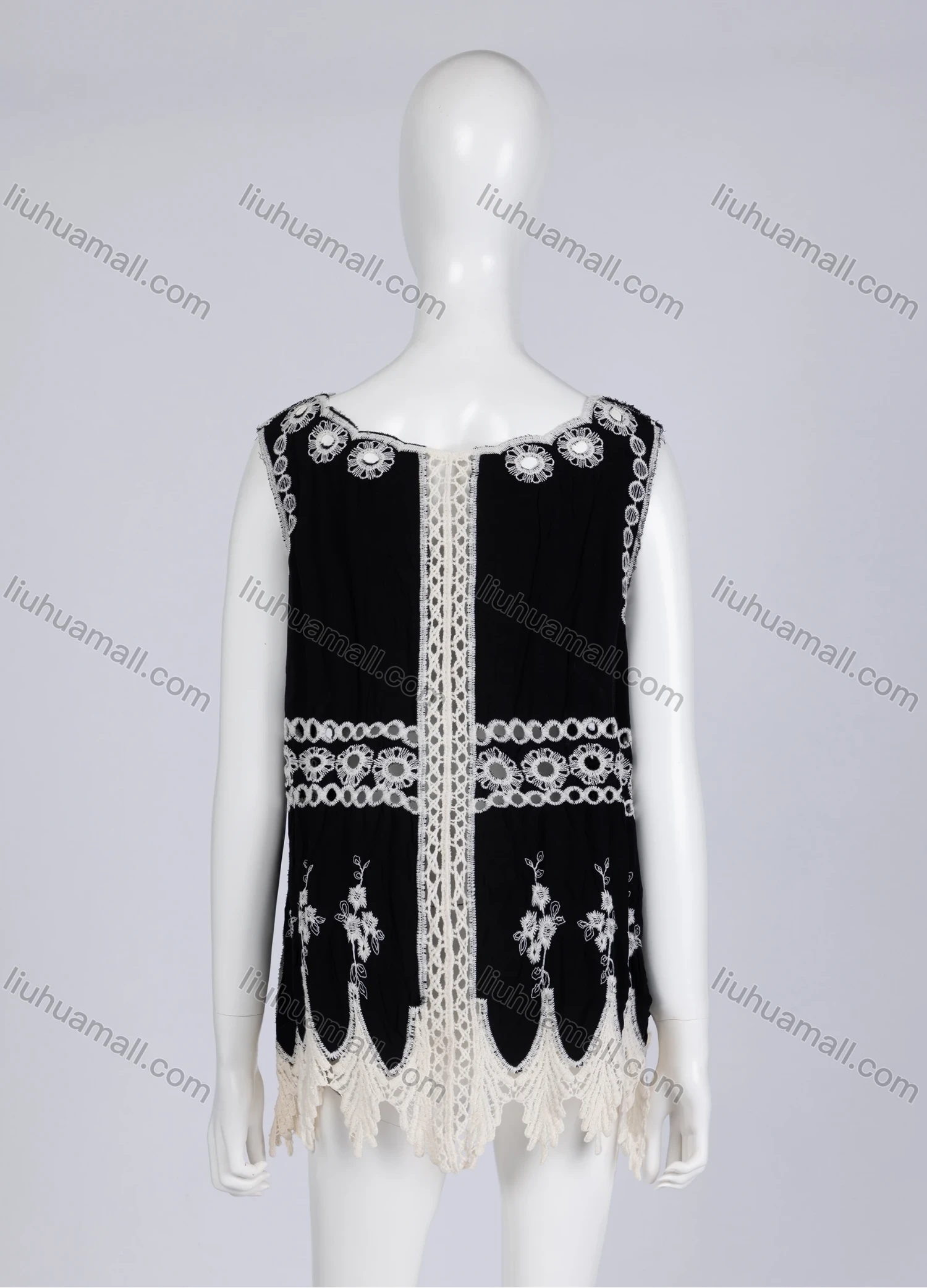 Wholesale Women's Casual Square Neck Floral Print Sleeveless Embroidered Hollow Out Lace Tank Top - Liuhuamall