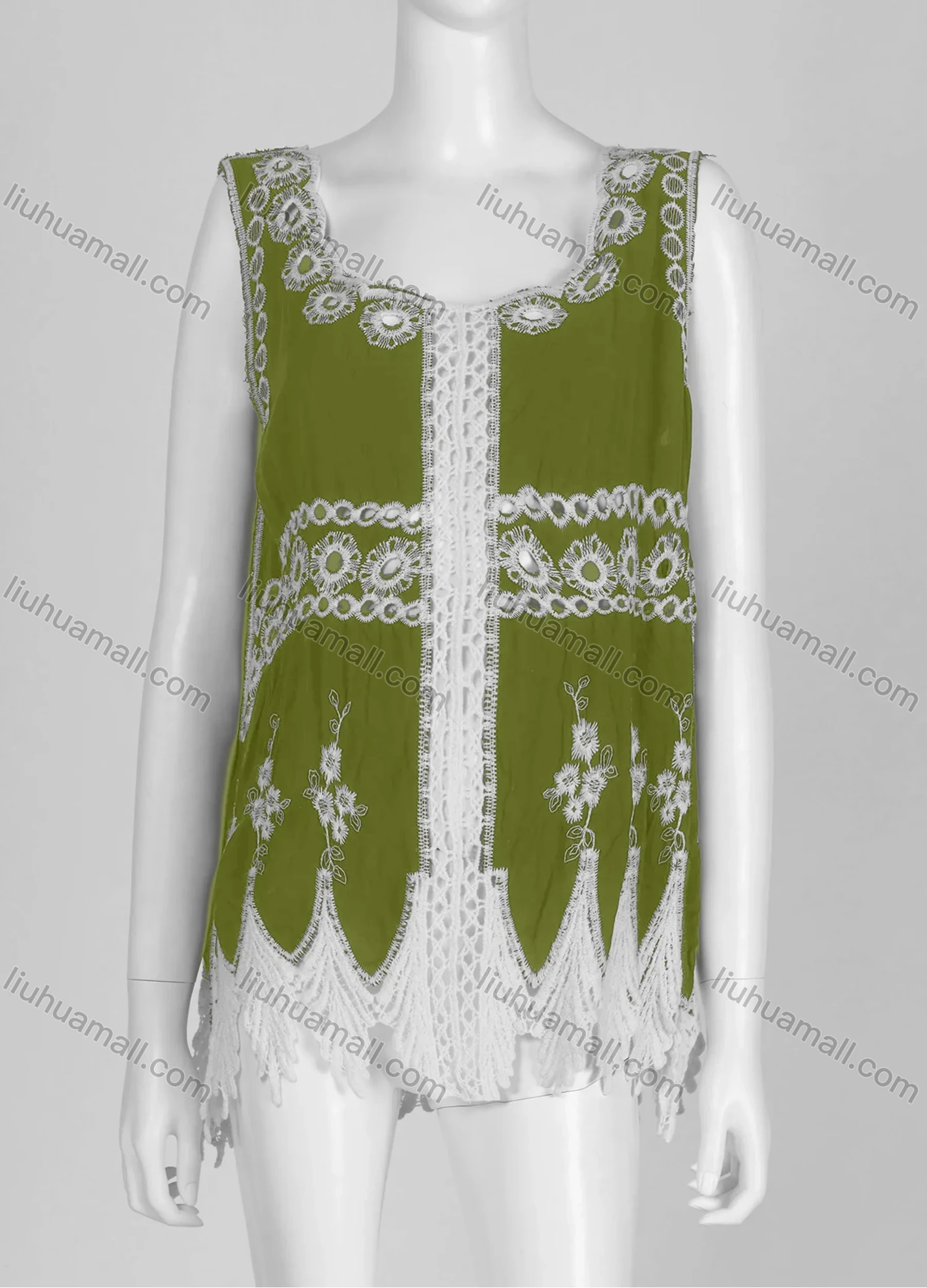 Wholesale Women's Casual Square Neck Floral Print Sleeveless Embroidered Hollow Out Lace Tank Top - Liuhuamall
