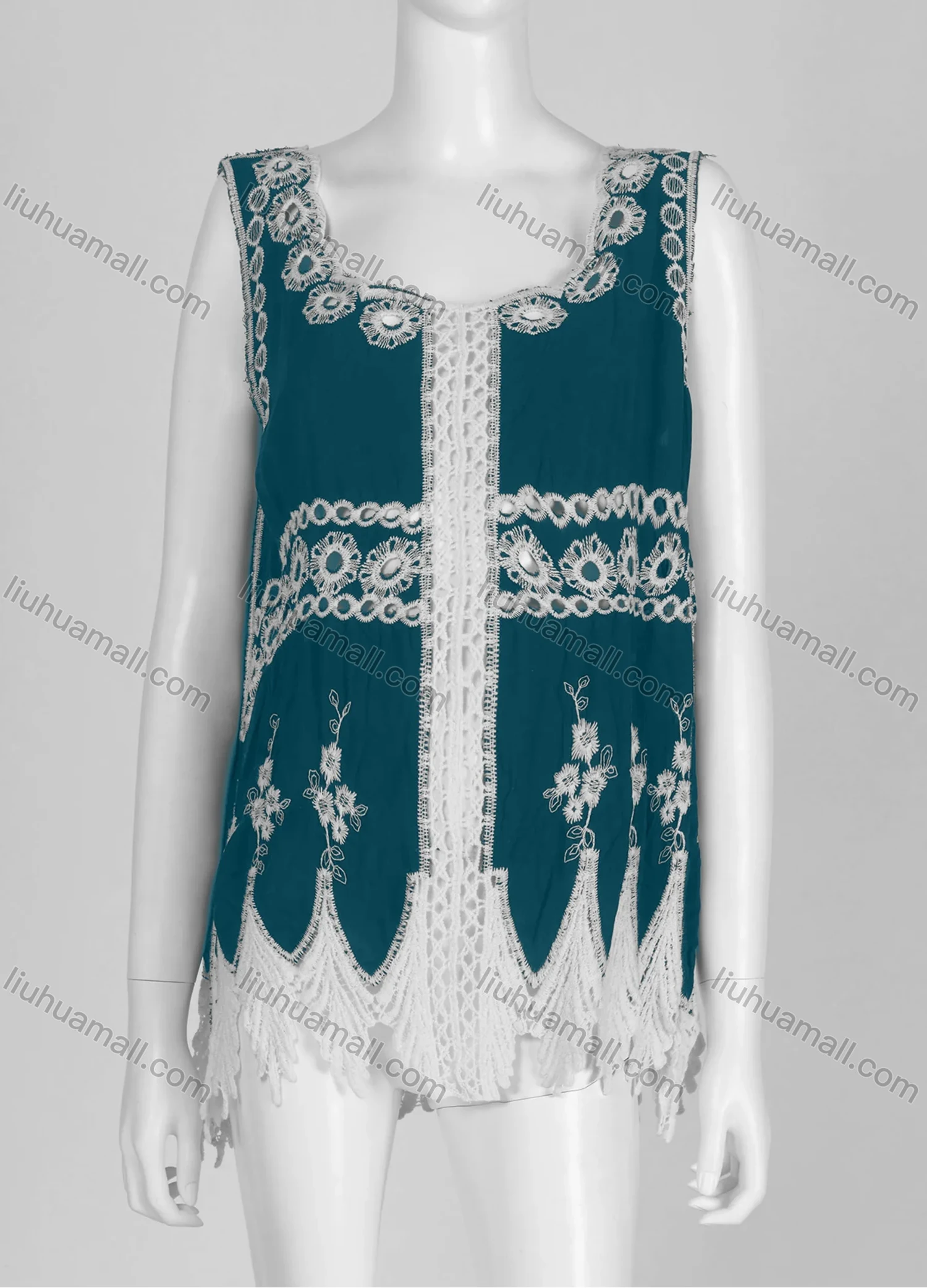 Wholesale Women's Casual Square Neck Floral Print Sleeveless Embroidered Hollow Out Lace Tank Top - Liuhuamall