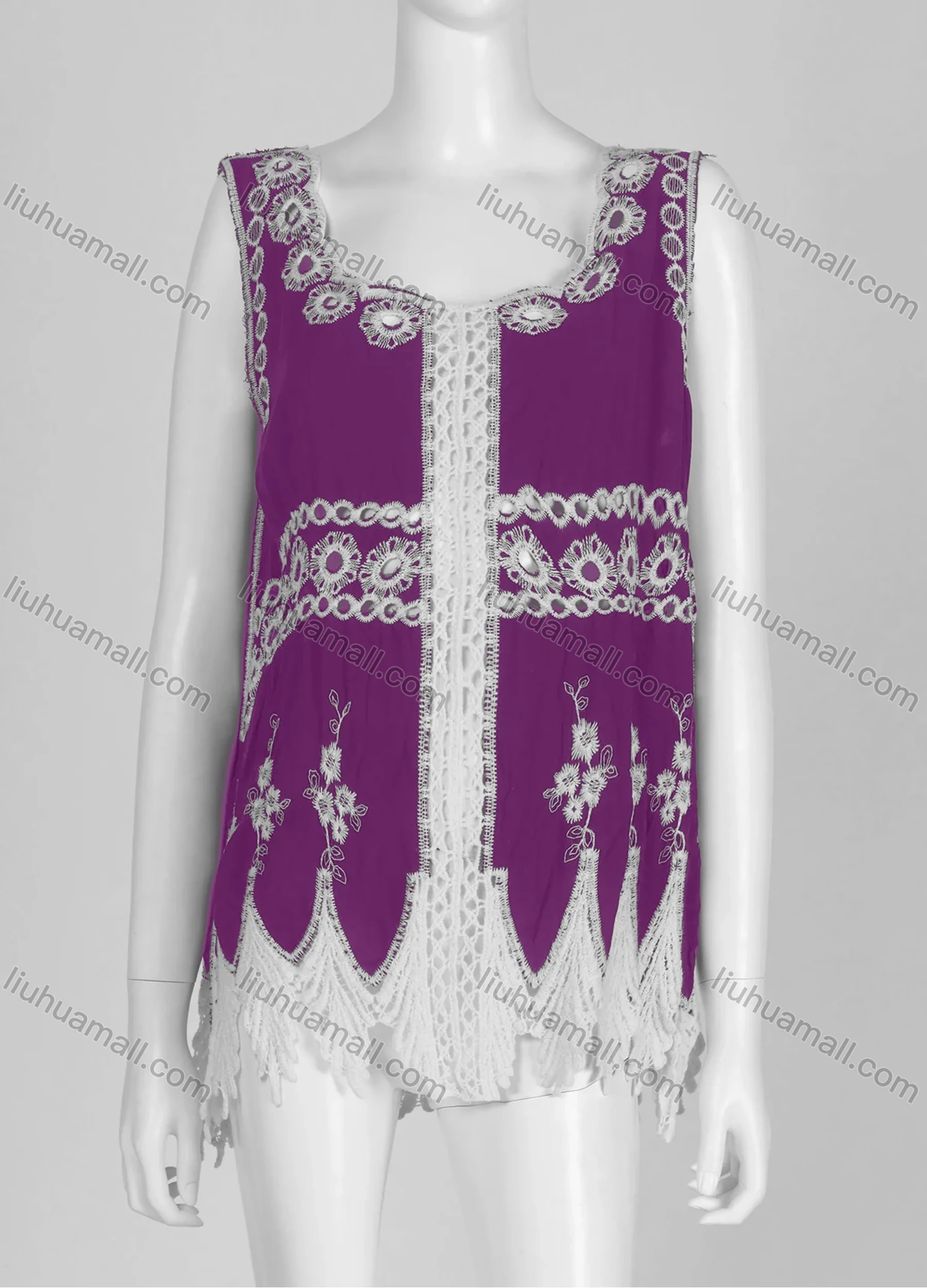 Wholesale Women's Casual Square Neck Floral Print Sleeveless Embroidered Hollow Out Lace Tank Top - Liuhuamall