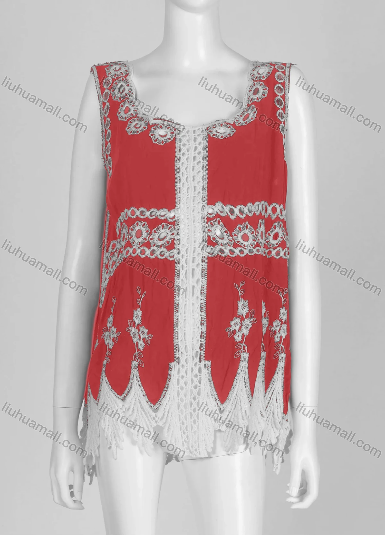 Wholesale Women's Casual Square Neck Floral Print Sleeveless Embroidered Hollow Out Lace Tank Top - Liuhuamall
