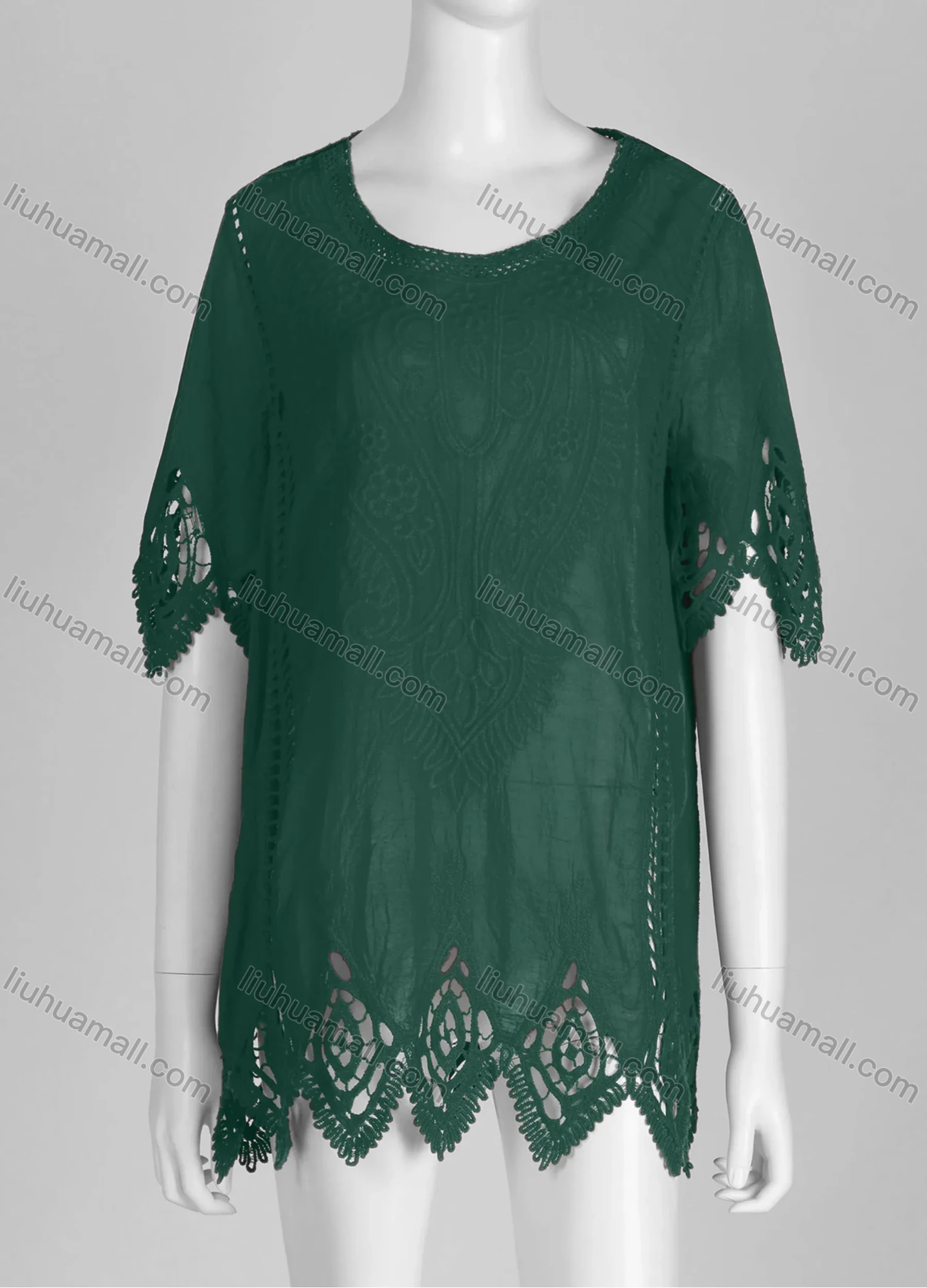 Wholesale Women's Casual Crew Neck Short Sleeve Blouse Embroidered Hollow Out Lace Tunic - Liuhuamall