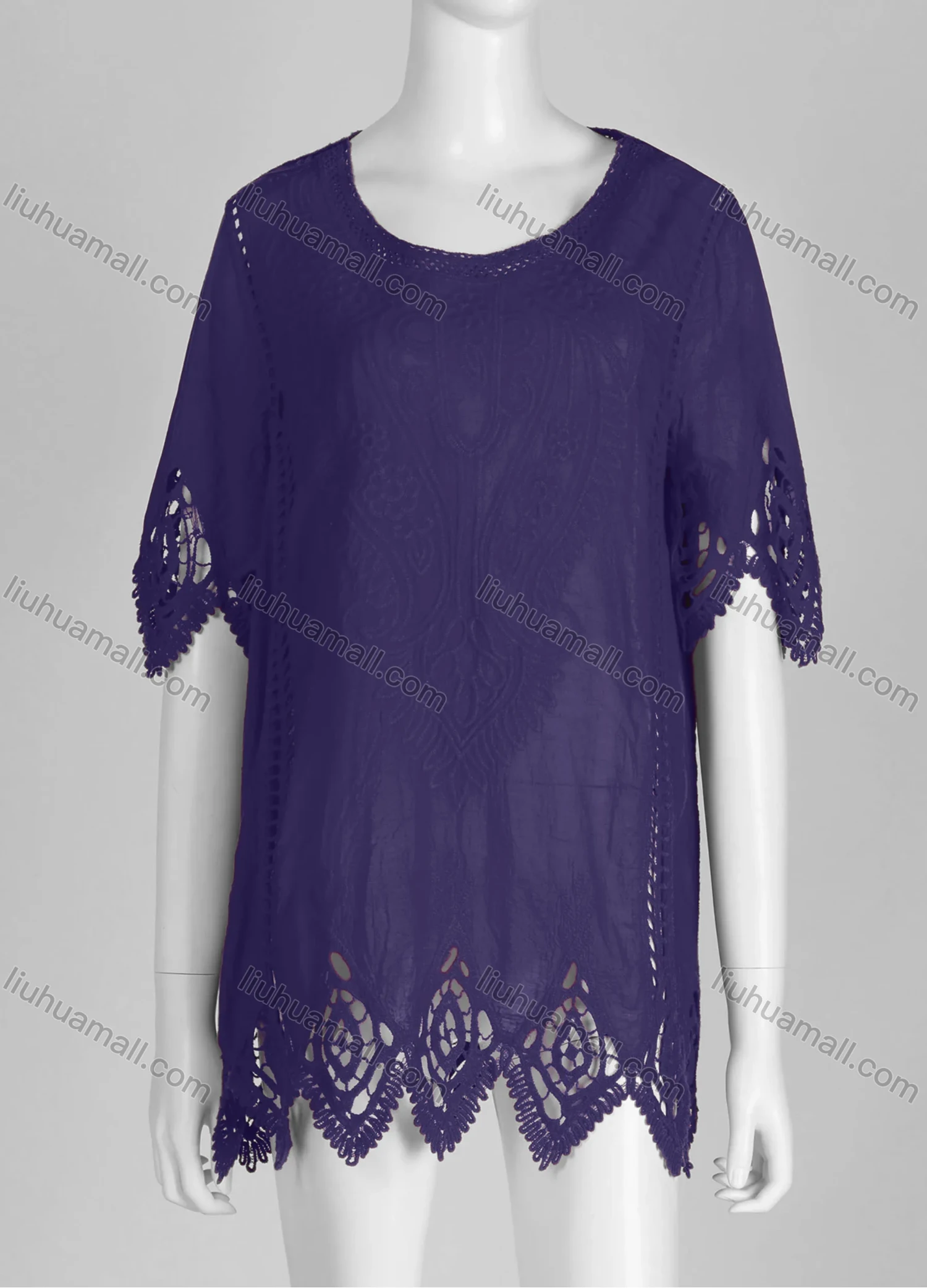 Wholesale Women's Casual Crew Neck Short Sleeve Blouse Embroidered Hollow Out Lace Tunic - Liuhuamall