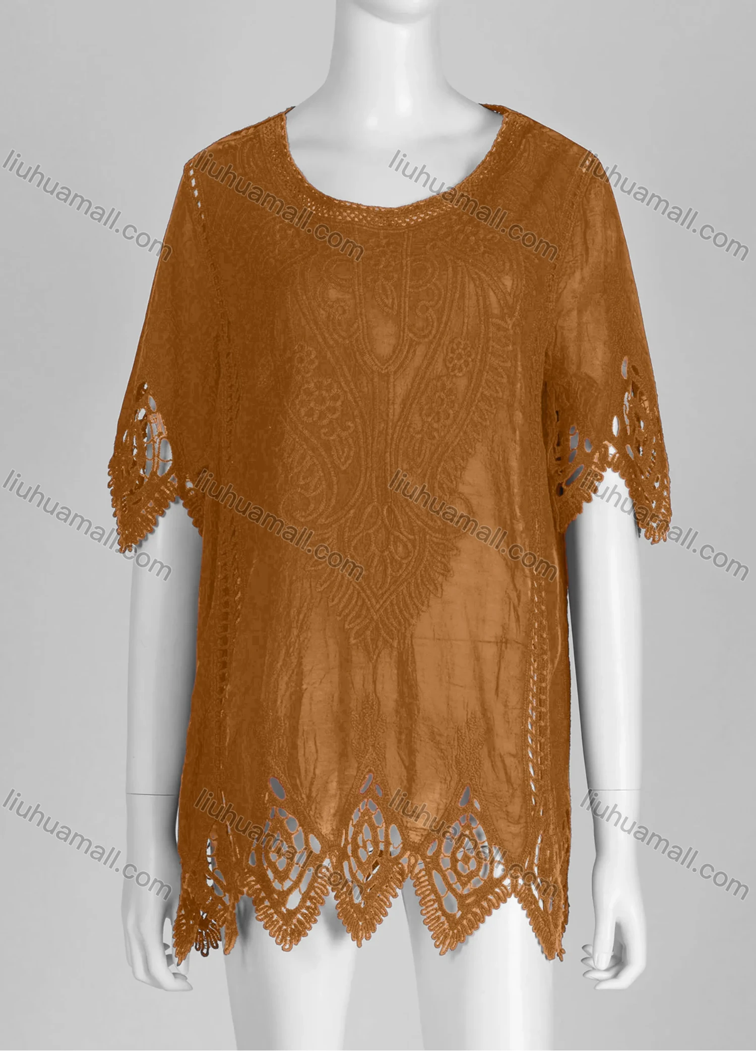 Wholesale Women's Casual Crew Neck Short Sleeve Blouse Embroidered Hollow Out Lace Tunic - Liuhuamall