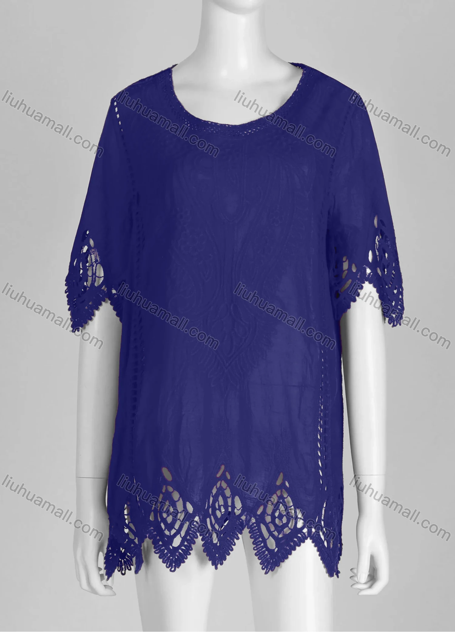 Wholesale Women's Casual Crew Neck Short Sleeve Blouse Embroidered Hollow Out Lace Tunic - Liuhuamall