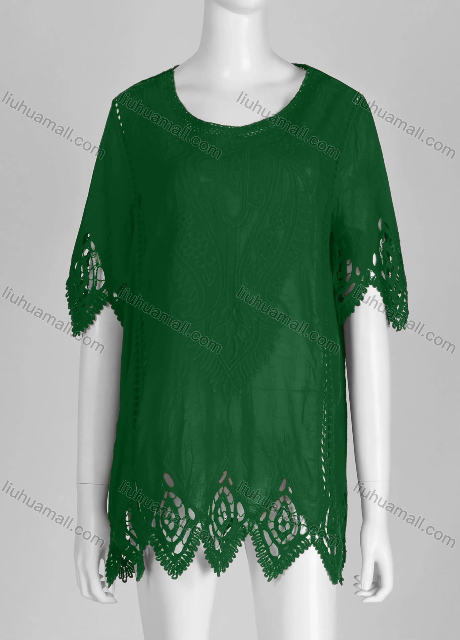 Wholesale Women's Casual Crew Neck Short Sleeve Blouse Embroidered Hollow Out Lace Tunic - Liuhuamall