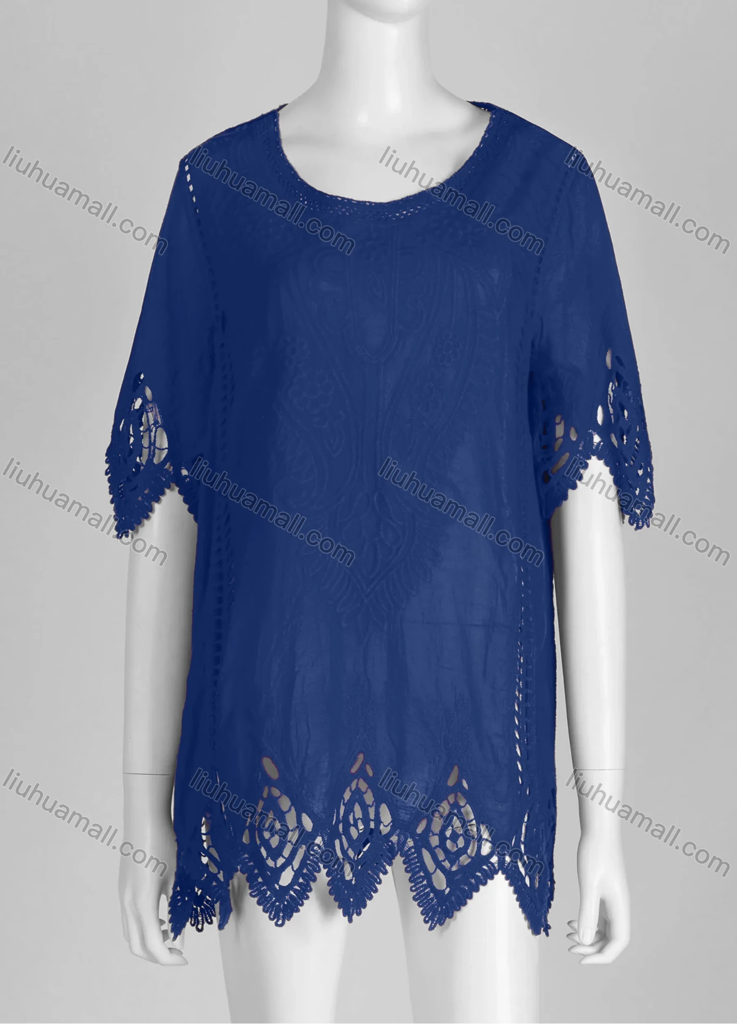 Wholesale Women's Casual Crew Neck Short Sleeve Blouse Embroidered Hollow Out Lace Tunic - Liuhuamall