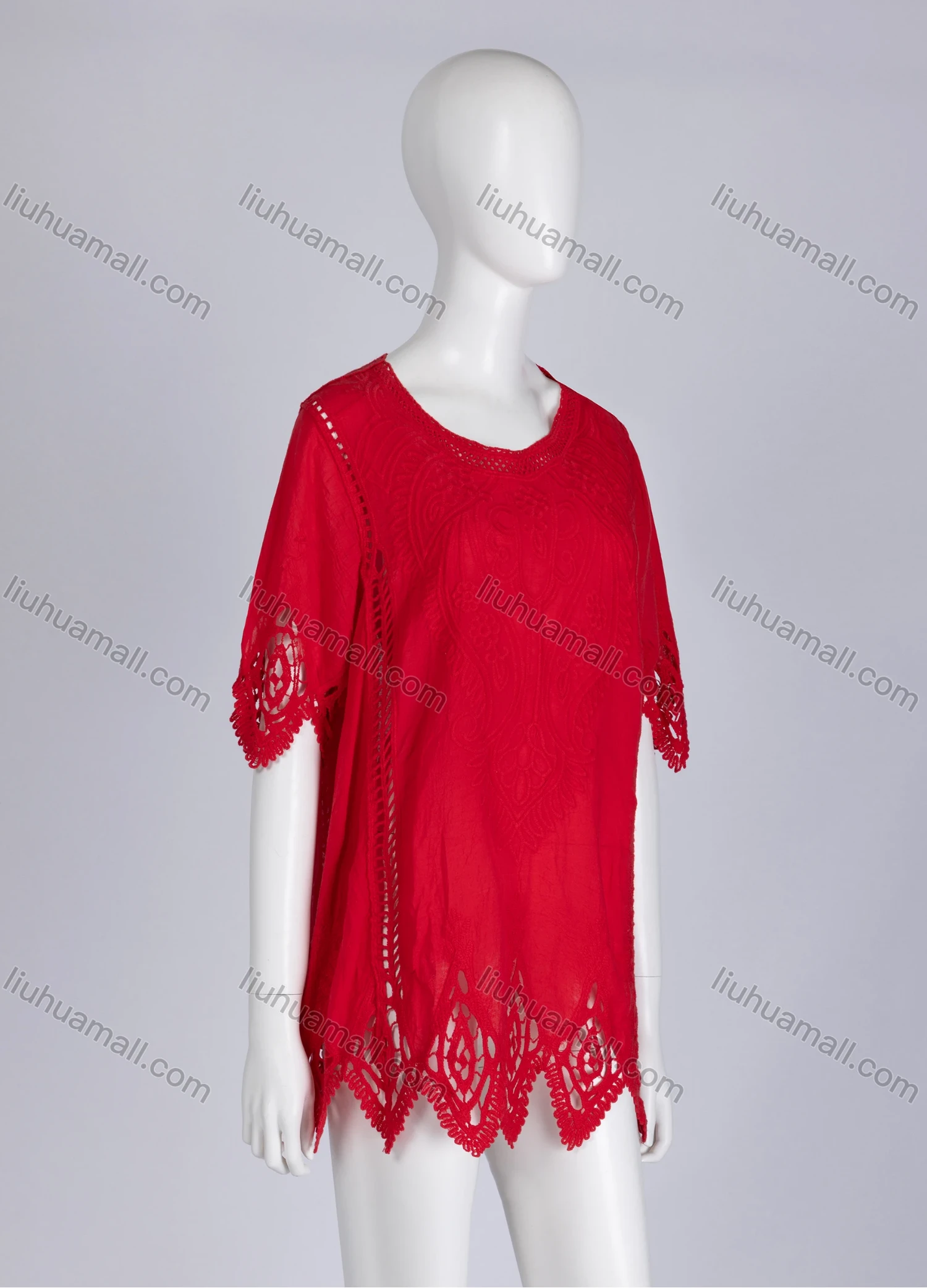 Wholesale Women's Casual Crew Neck Short Sleeve Blouse Embroidered Hollow Out Lace Tunic - Liuhuamall