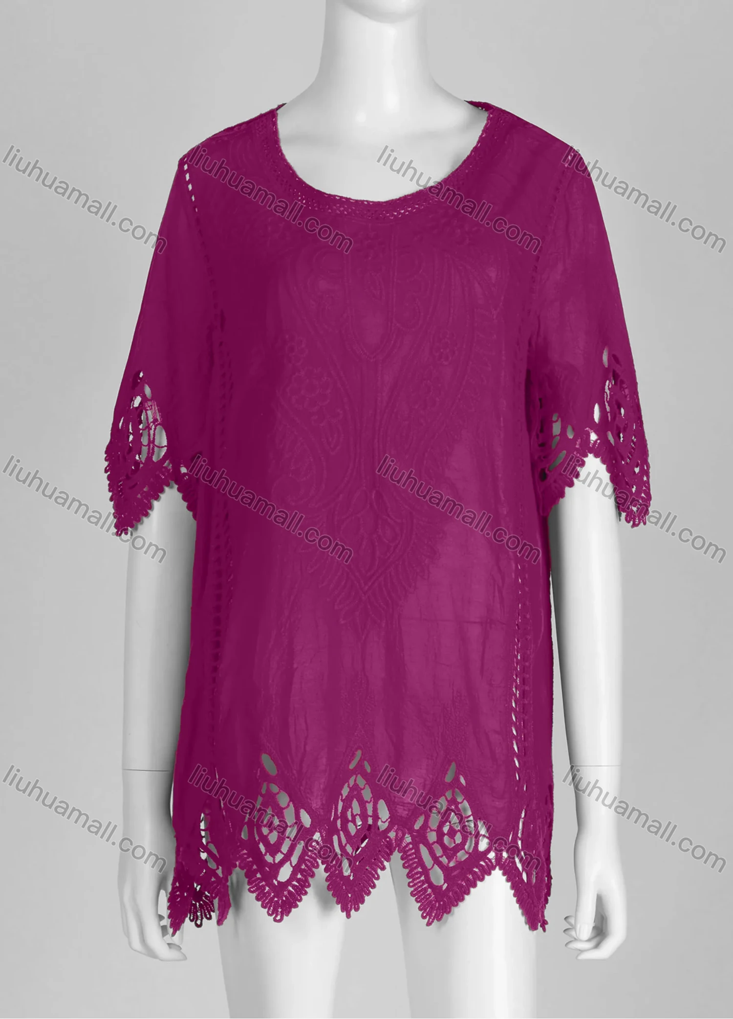 Wholesale Women's Casual Crew Neck Short Sleeve Blouse Embroidered Hollow Out Lace Tunic - Liuhuamall