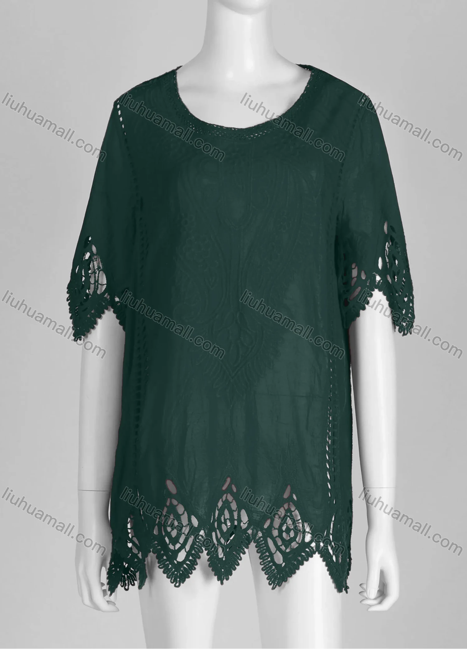 Wholesale Women's Casual Crew Neck Short Sleeve Blouse Embroidered Hollow Out Lace Tunic - Liuhuamall