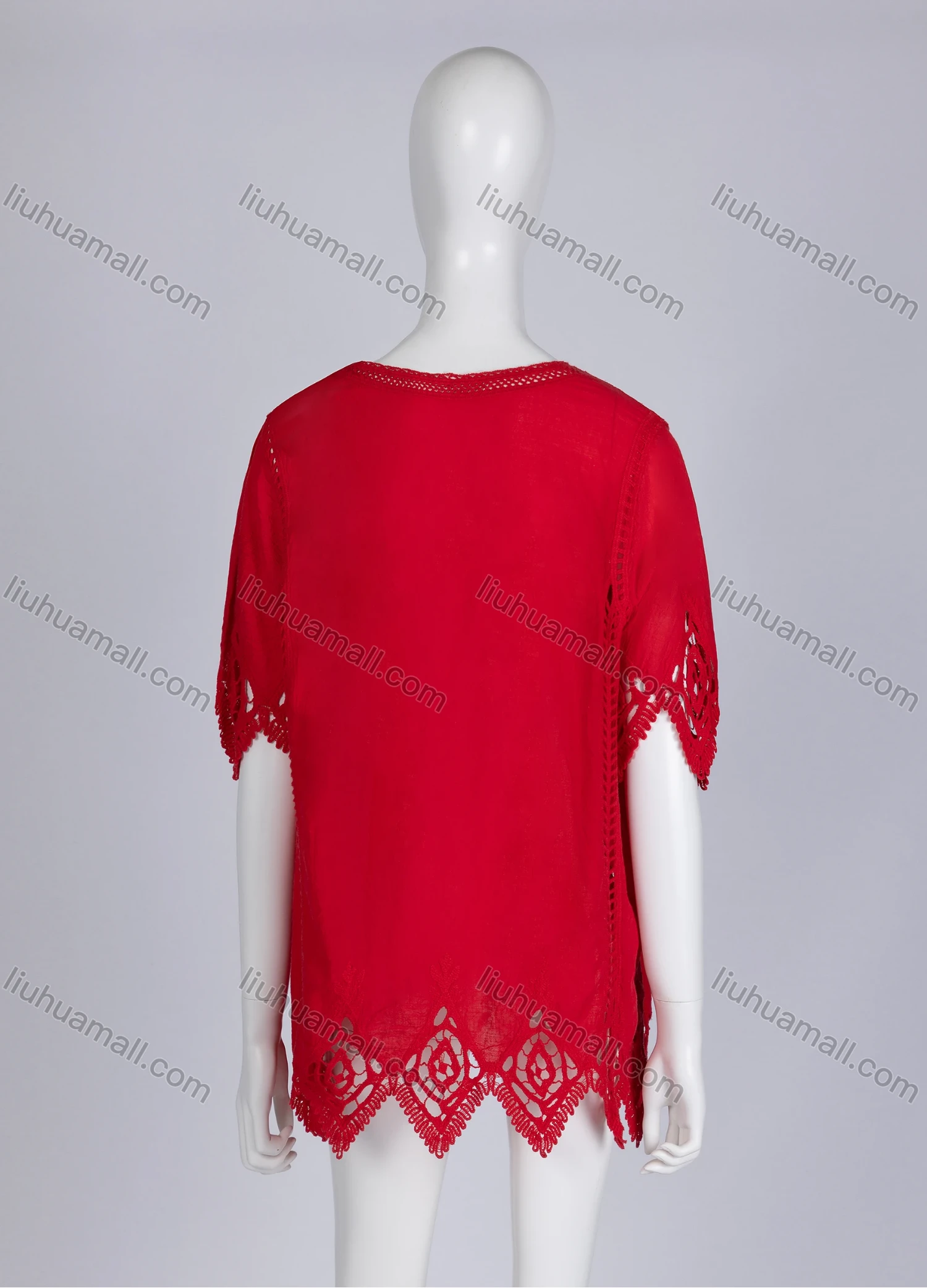 Wholesale Women's Casual Crew Neck Short Sleeve Blouse Embroidered Hollow Out Lace Tunic - Liuhuamall