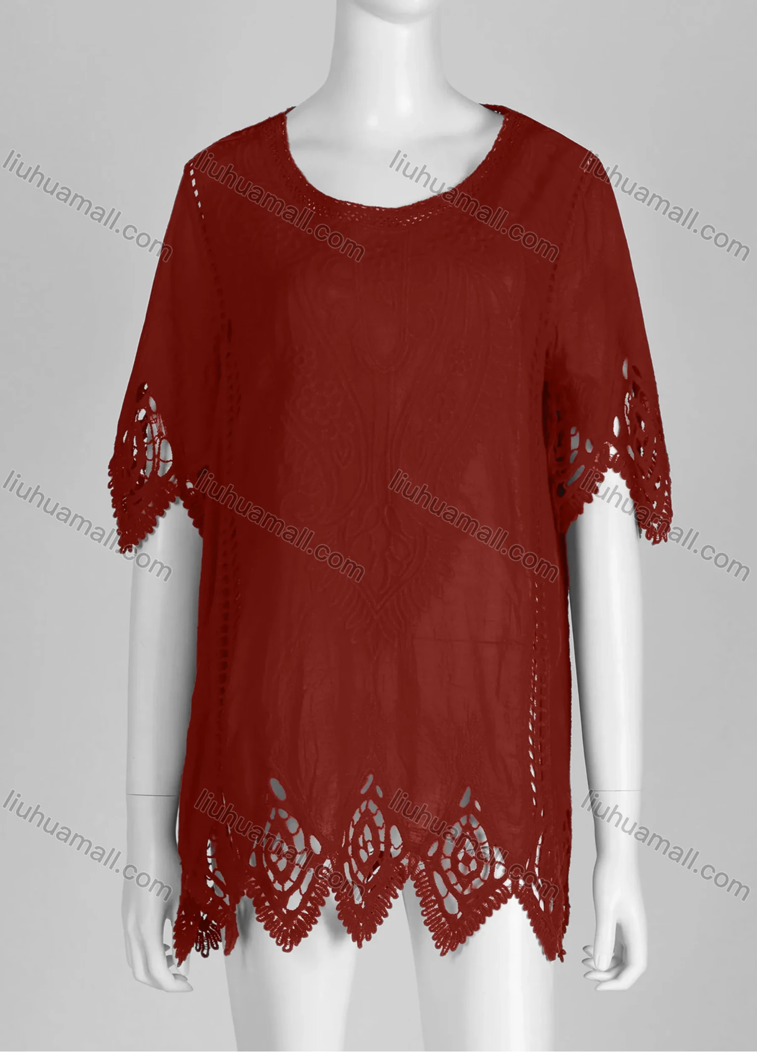 Wholesale Women's Casual Crew Neck Short Sleeve Blouse Embroidered Hollow Out Lace Tunic - Liuhuamall