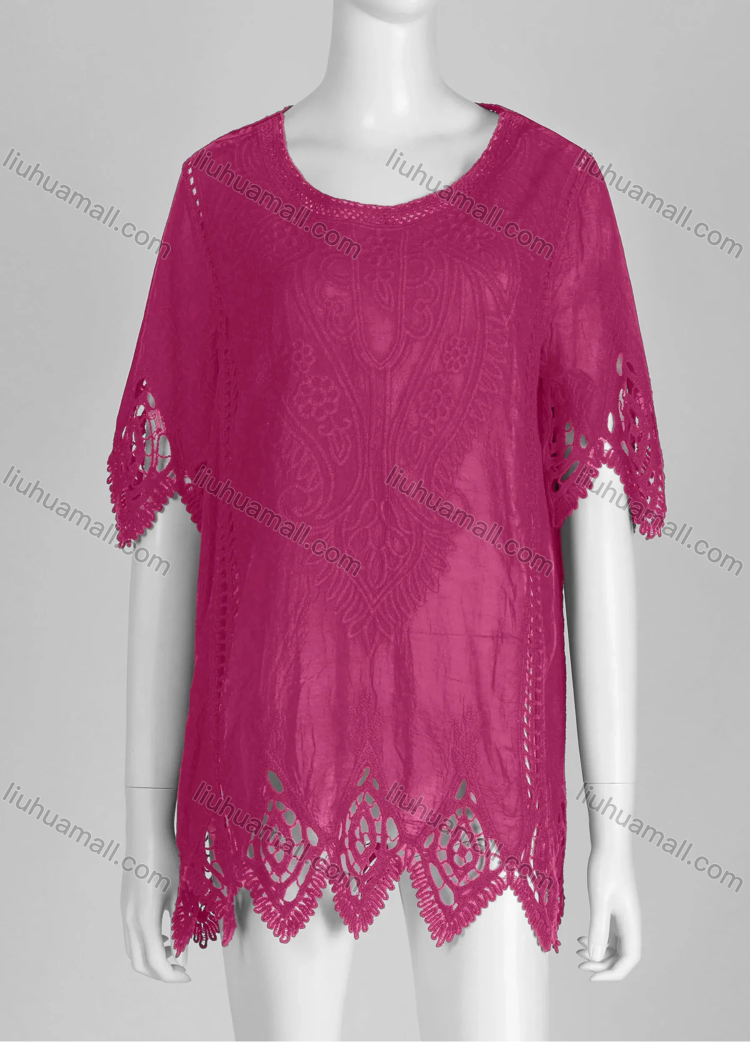 Wholesale Women's Casual Crew Neck Short Sleeve Blouse Embroidered Hollow Out Lace Tunic - Liuhuamall