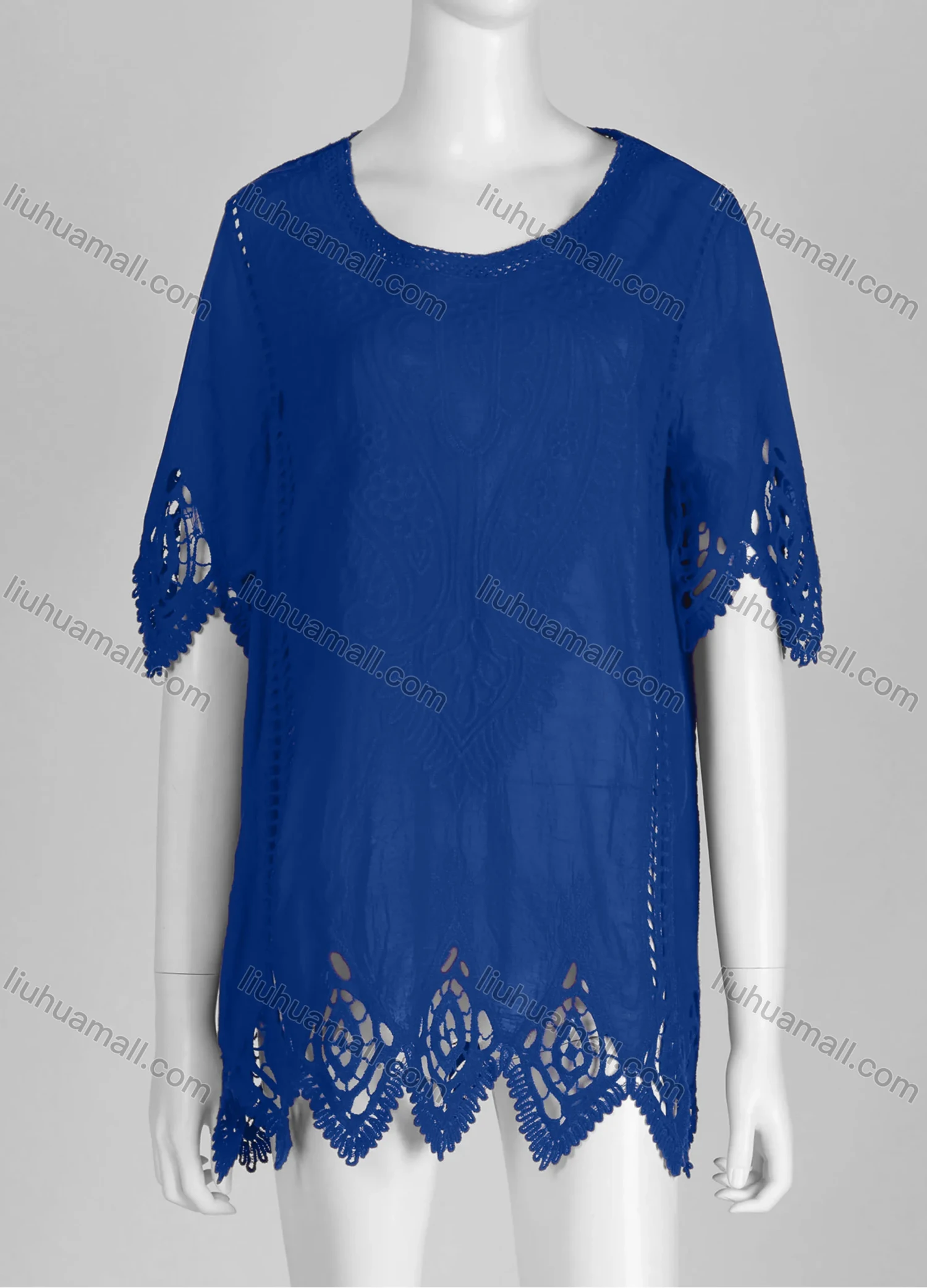 Wholesale Women's Casual Crew Neck Short Sleeve Blouse Embroidered Hollow Out Lace Tunic - Liuhuamall