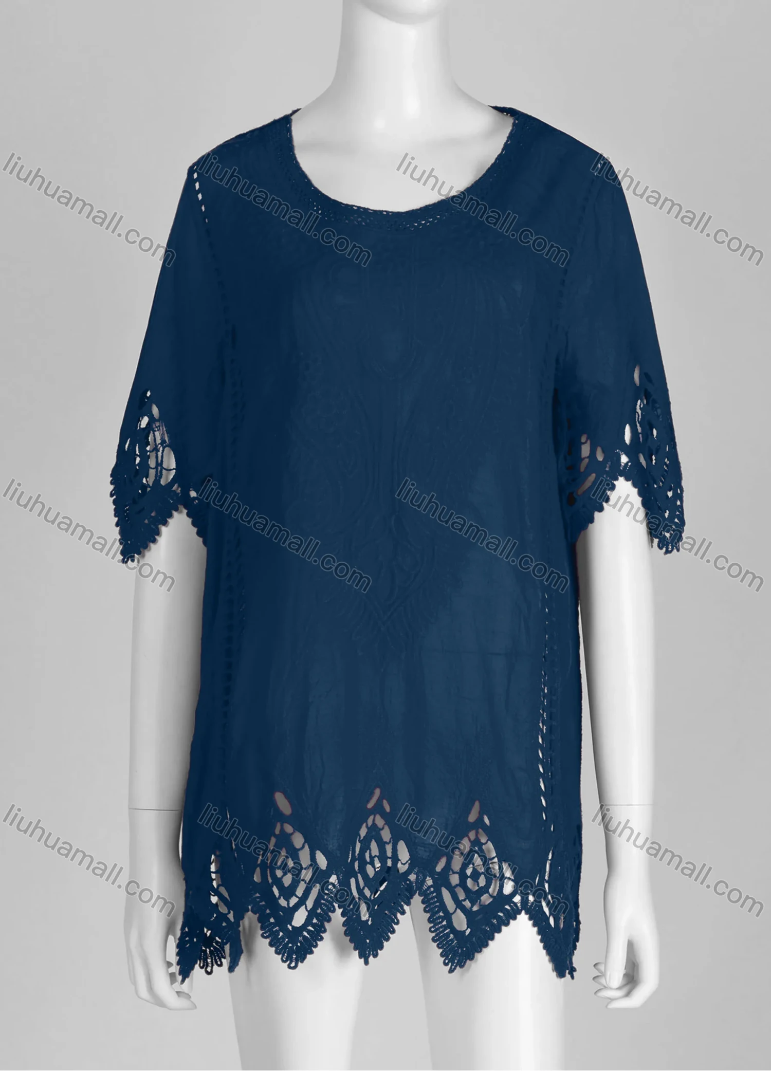 Wholesale Women's Casual Crew Neck Short Sleeve Blouse Embroidered Hollow Out Lace Tunic - Liuhuamall