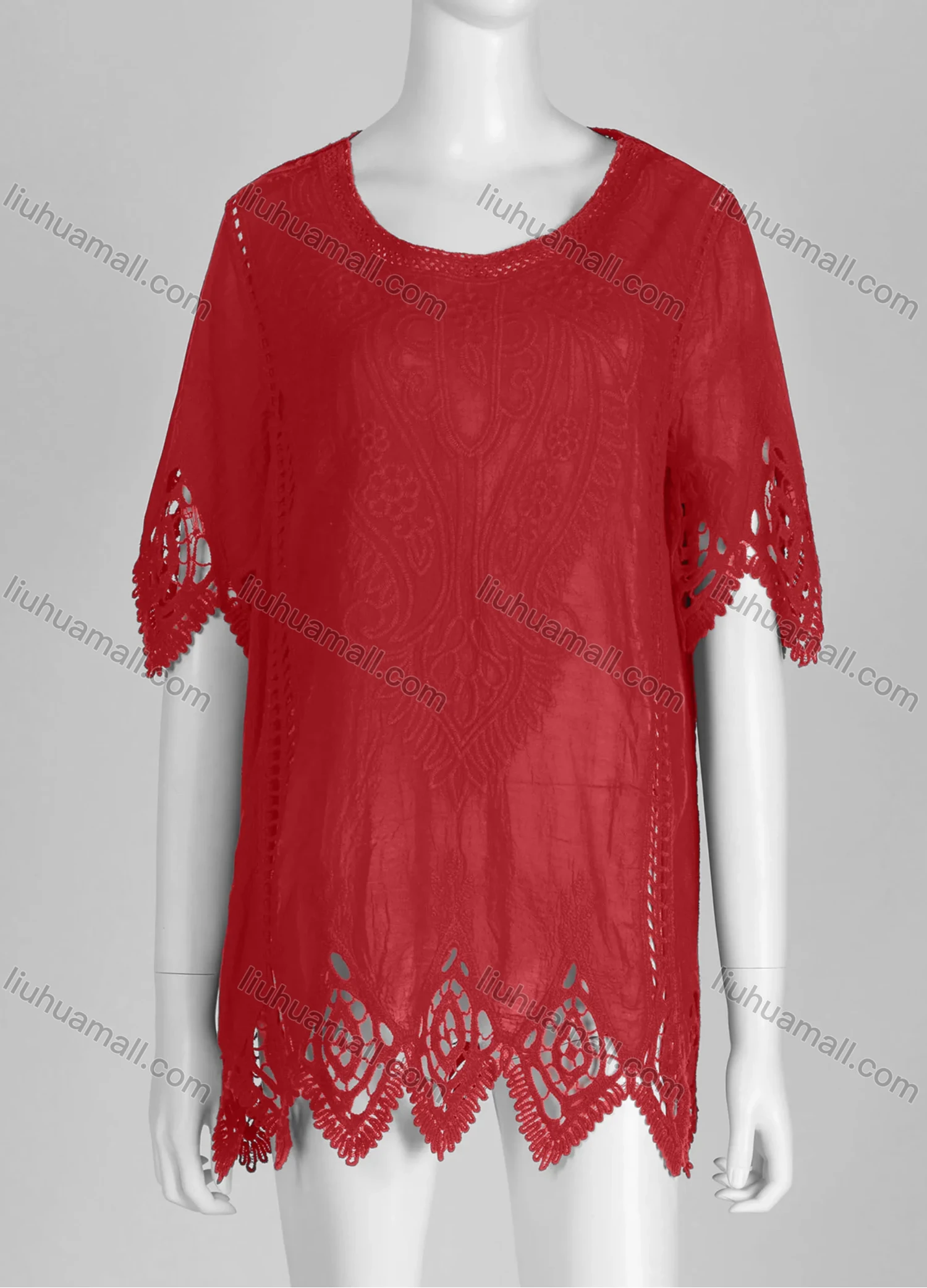 Wholesale Women's Casual Crew Neck Short Sleeve Blouse Embroidered Hollow Out Lace Tunic - Liuhuamall