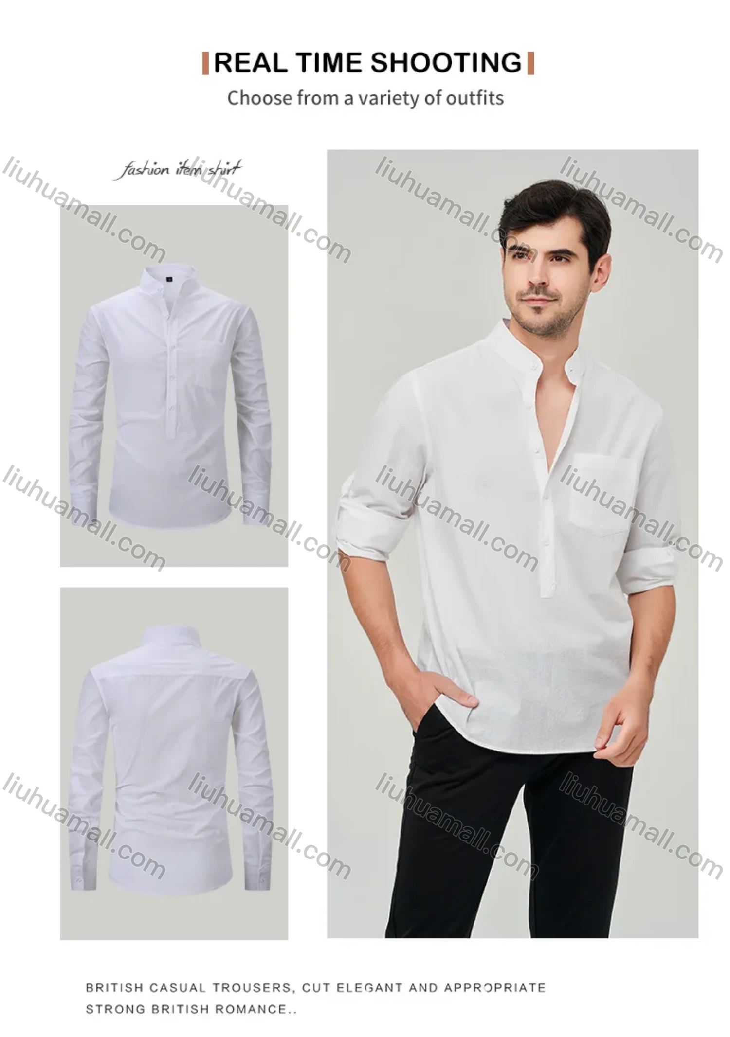 Wholesale Men's Casual Plain Buckle Strap Cuff Button Front Patch Pocket Henley Shirt - Liuhuamall