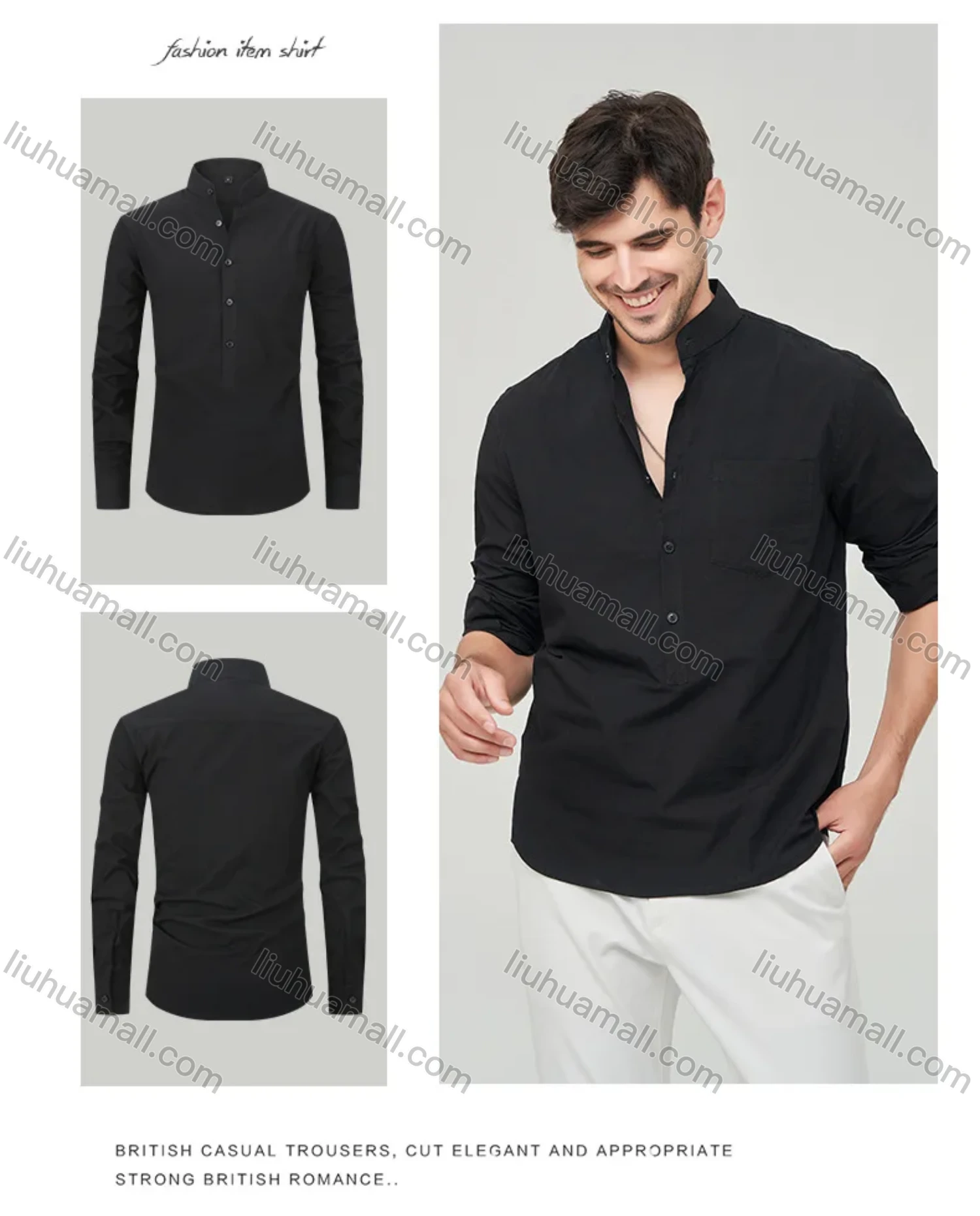 Wholesale Men's Casual Plain Buckle Strap Cuff Button Front Patch Pocket Henley Shirt - Liuhuamall