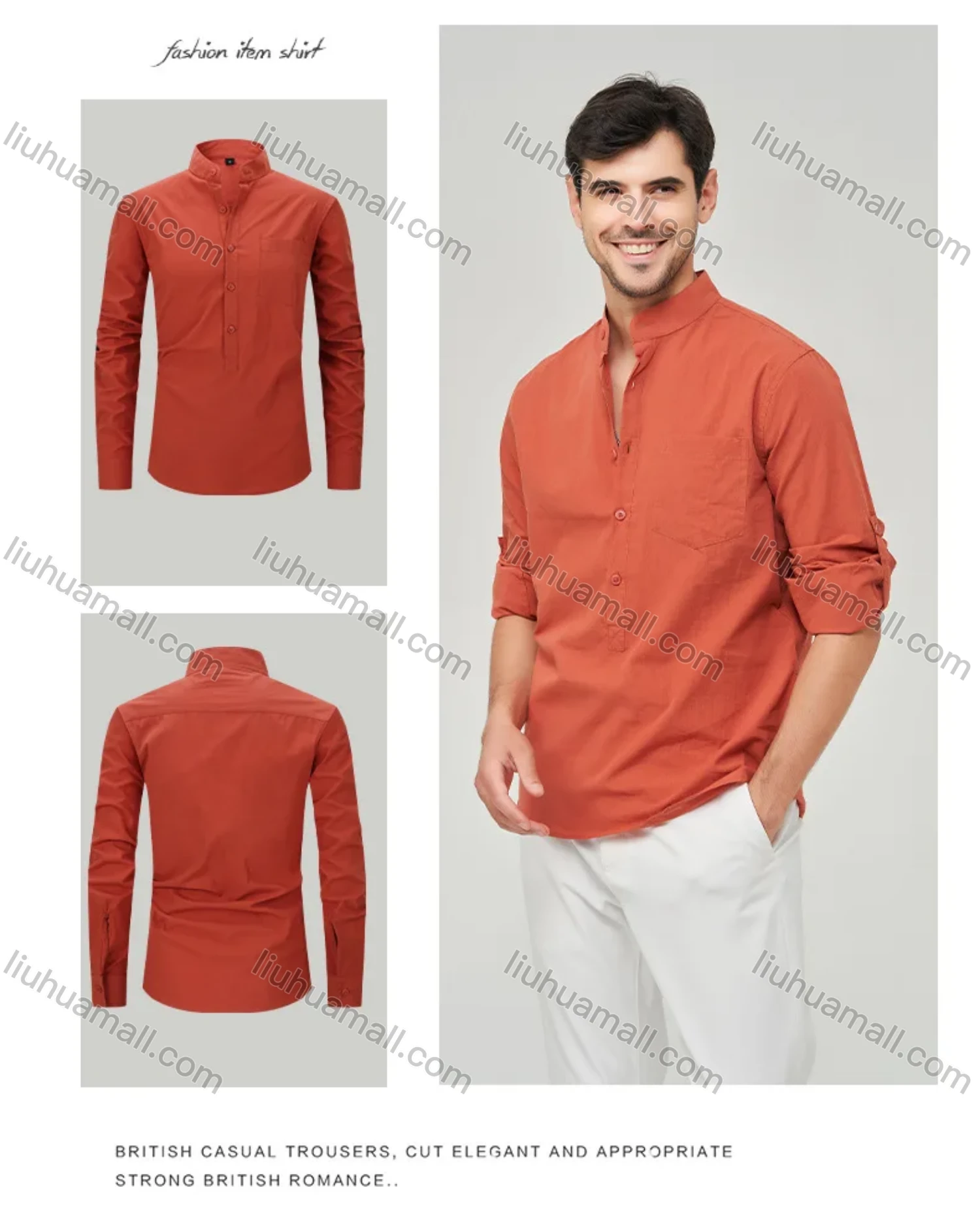 Wholesale Men's Casual Plain Buckle Strap Cuff Button Front Patch Pocket Henley Shirt - Liuhuamall