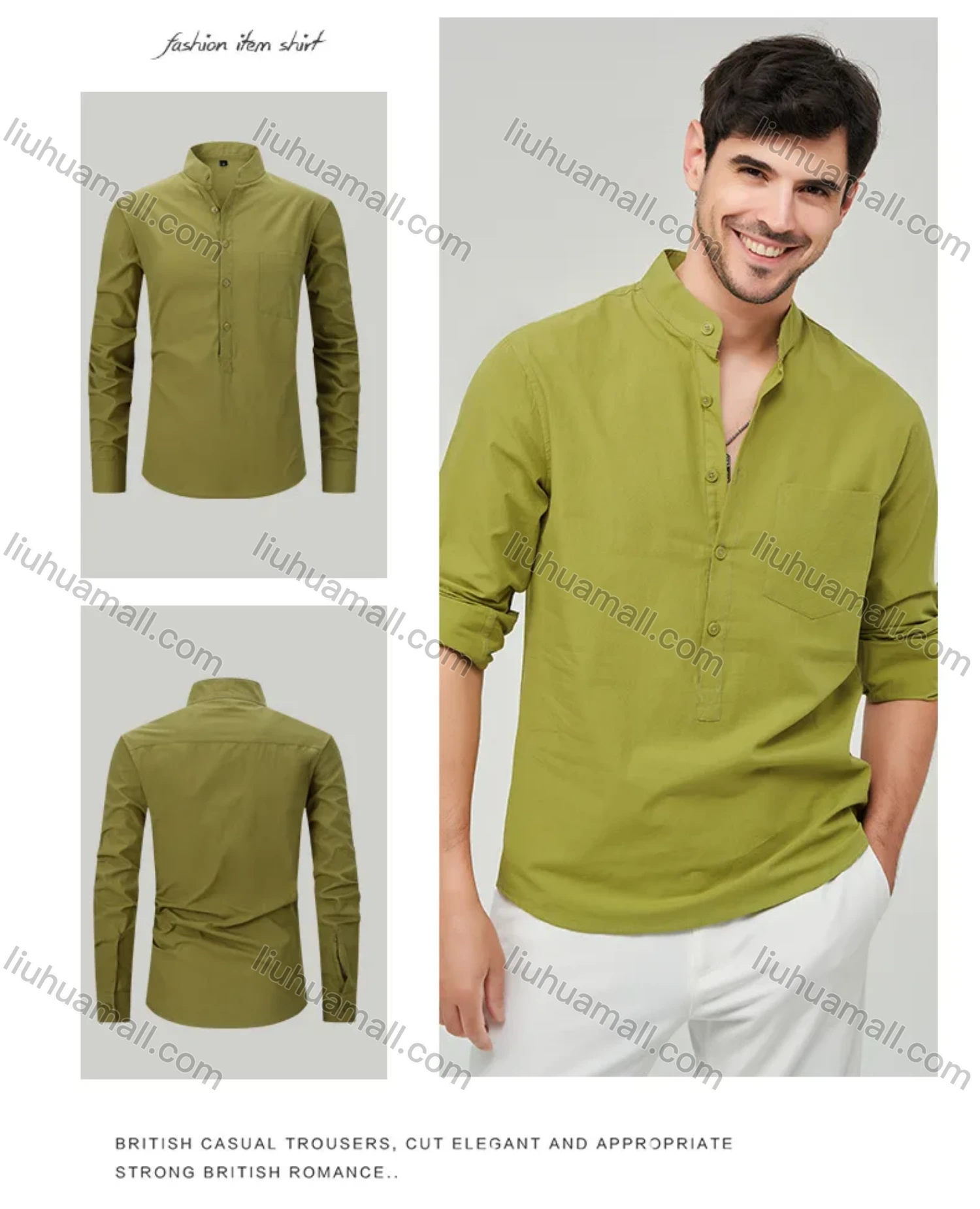Wholesale Men's Casual Plain Buckle Strap Cuff Button Front Patch Pocket Henley Shirt - Liuhuamall