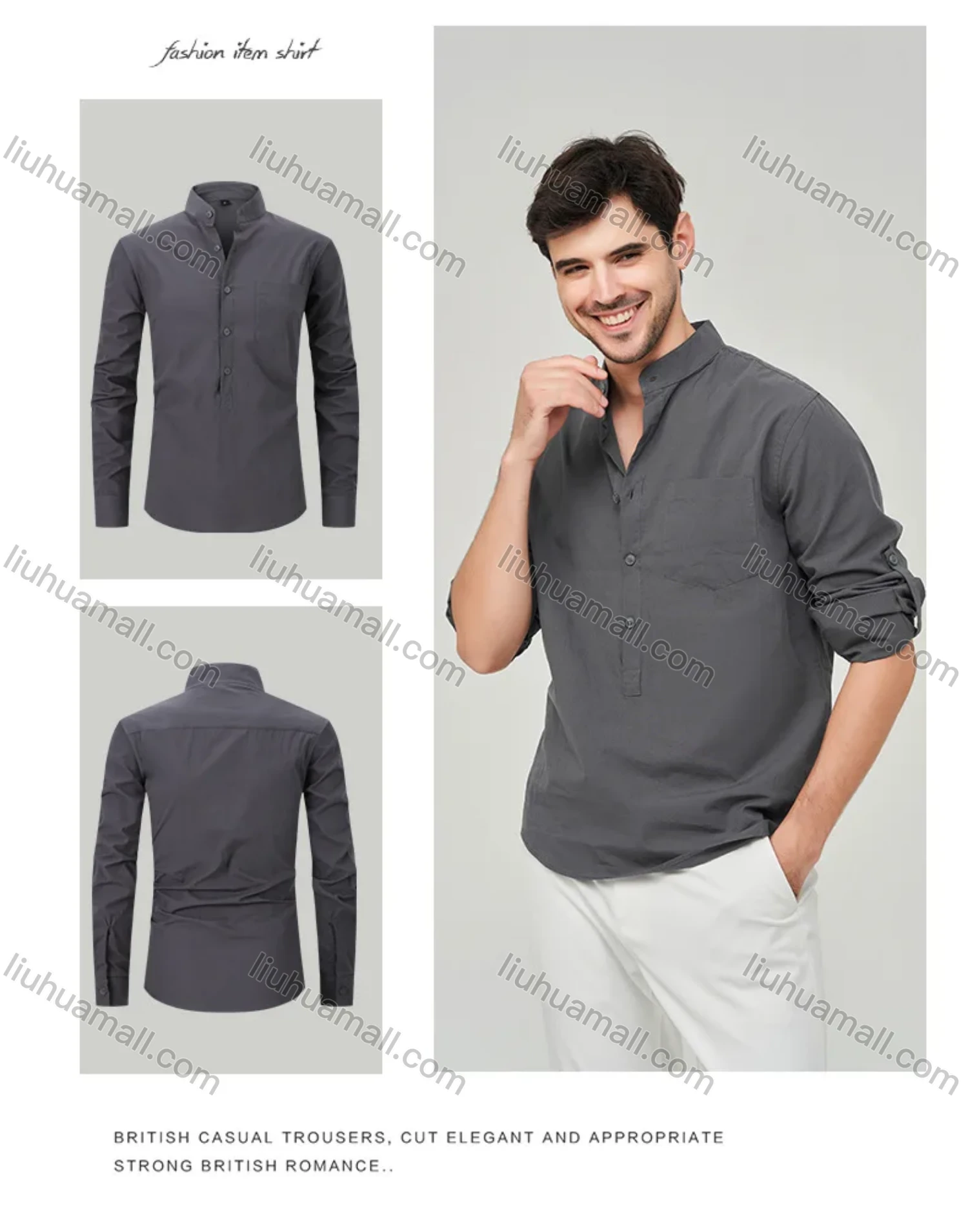 Wholesale Men's Casual Plain Buckle Strap Cuff Button Front Patch Pocket Henley Shirt - Liuhuamall
