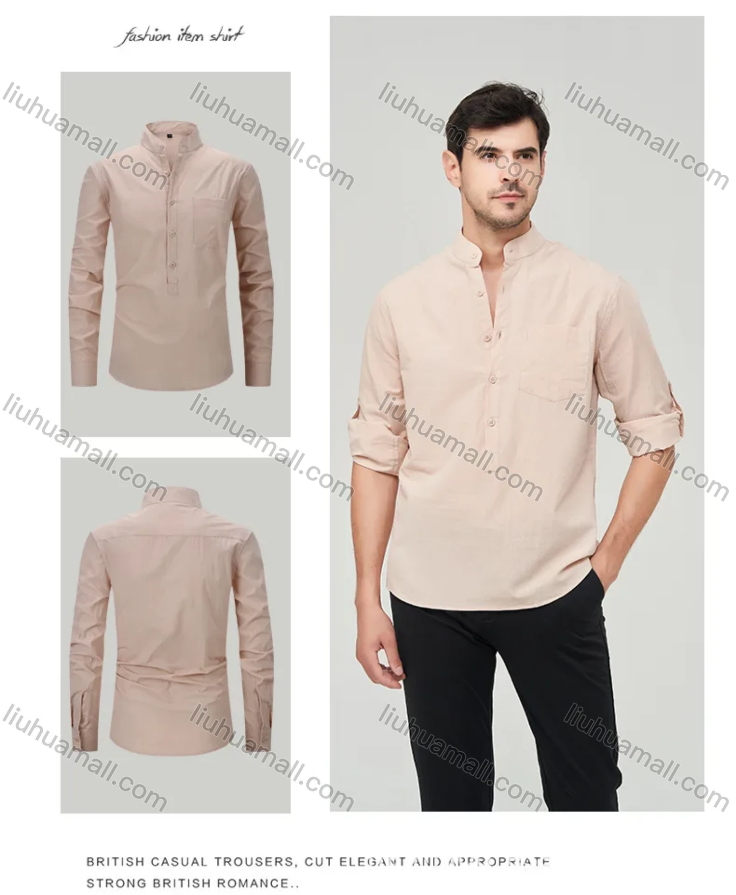 Wholesale Men's Casual Plain Buckle Strap Cuff Button Front Patch Pocket Henley Shirt - Liuhuamall
