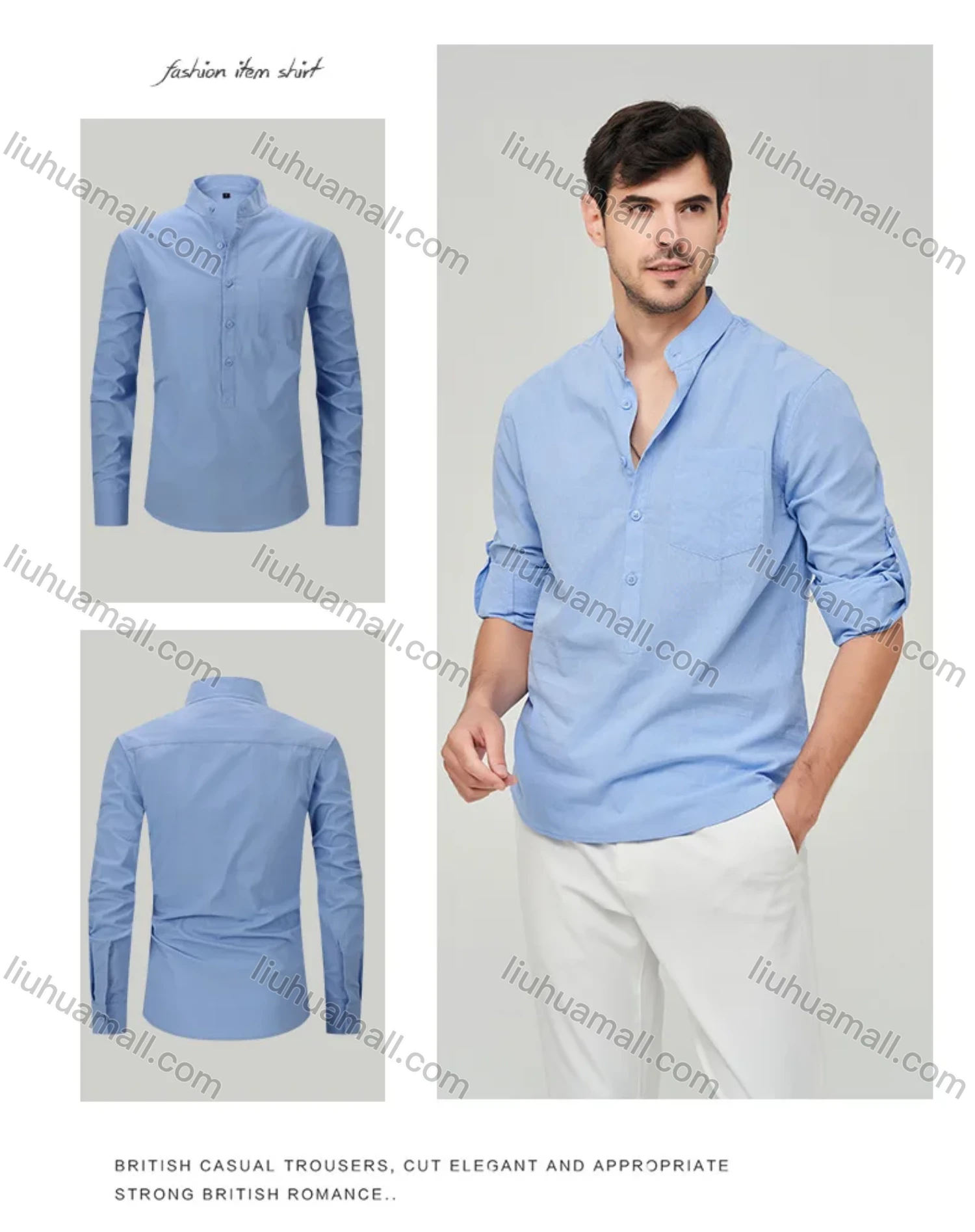 Wholesale Men's Casual Plain Buckle Strap Cuff Button Front Patch Pocket Henley Shirt - Liuhuamall