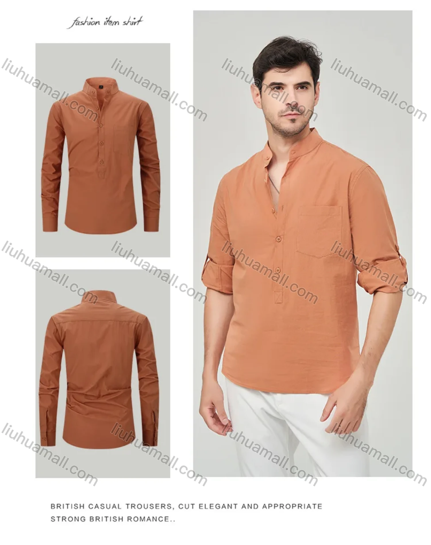 Wholesale Men's Casual Plain Buckle Strap Cuff Button Front Patch Pocket Henley Shirt - Liuhuamall
