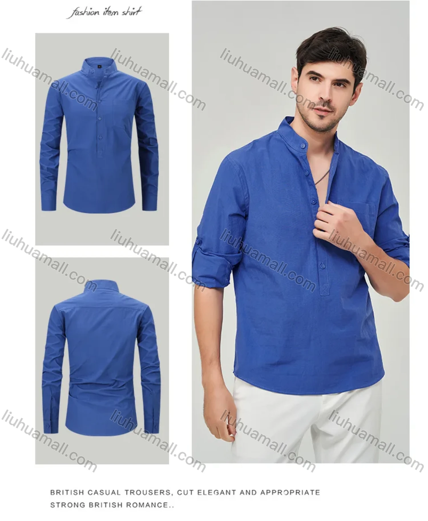 Wholesale Men's Casual Plain Buckle Strap Cuff Button Front Patch Pocket Henley Shirt - Liuhuamall