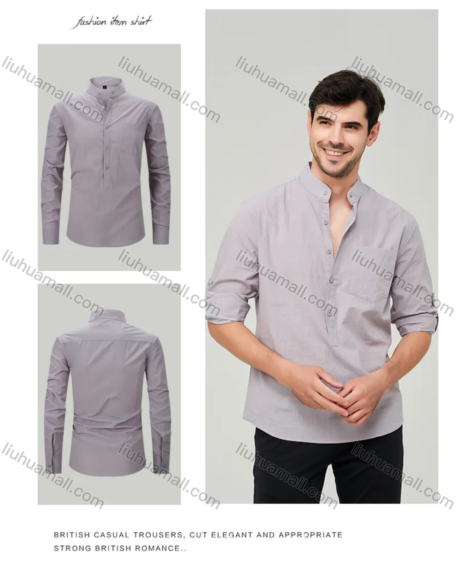 Wholesale Men's Casual Plain Buckle Strap Cuff Button Front Patch Pocket Henley Shirt - Liuhuamall