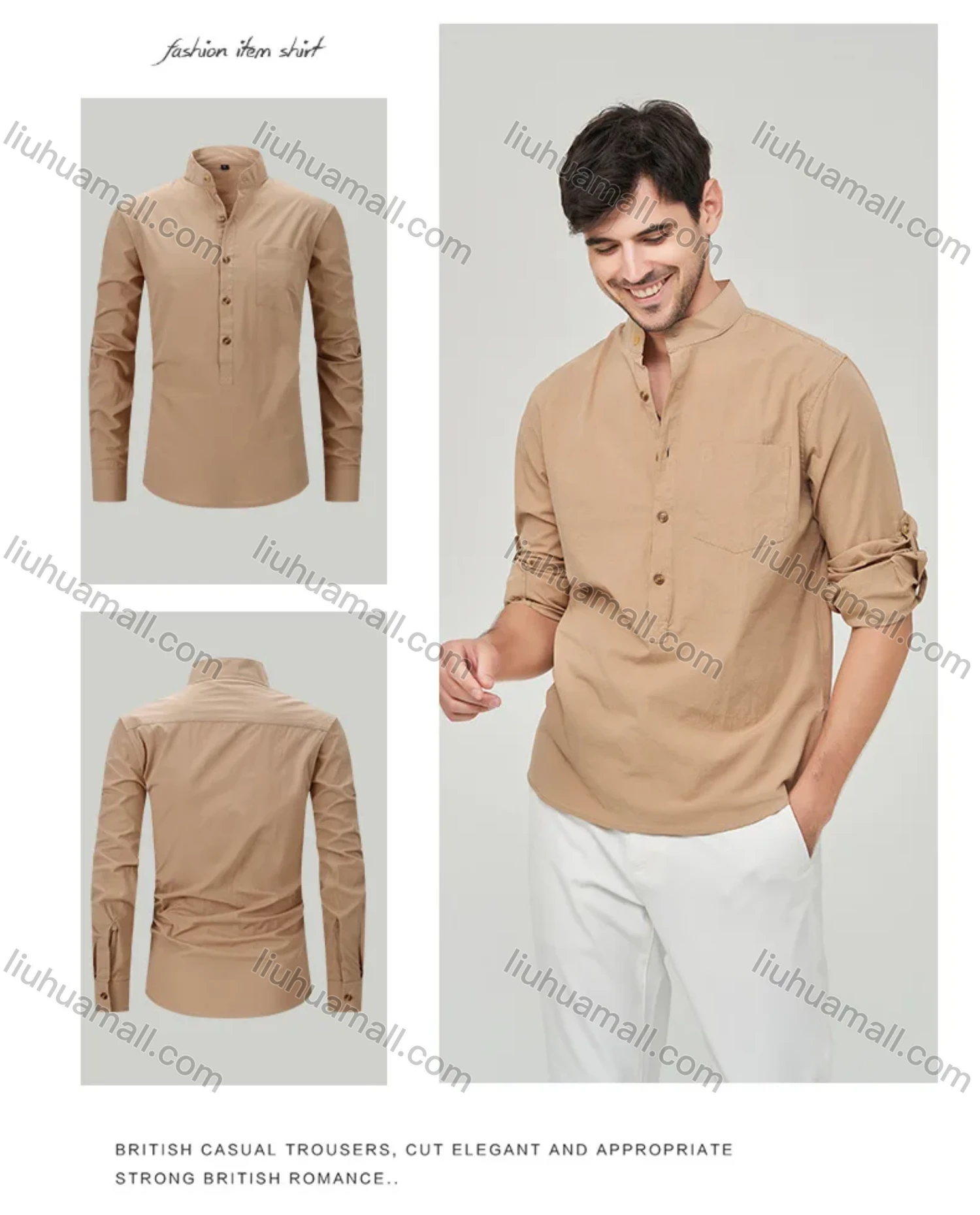 Wholesale Men's Casual Plain Buckle Strap Cuff Button Front Patch Pocket Henley Shirt - Liuhuamall