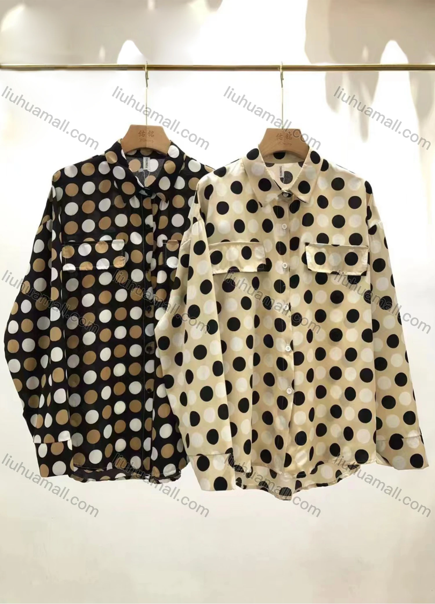 Wholesale Women's Collared Polka Dot Print Long Sleeve Button Down Blouse Fake Flap Pockets Casual Shirt 6001-13# - Liuhuamall