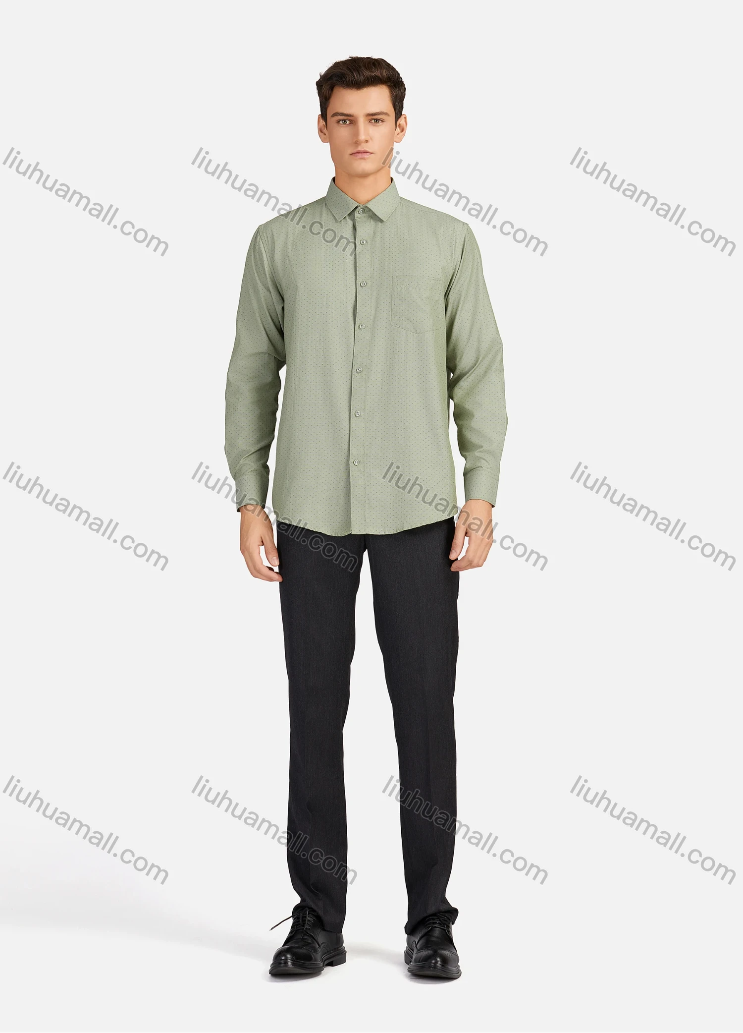 Wholesale Men's Casual Pin Dot Collared Patch Pocket Button Down Long Sleeve Curved Hem Shirts - Liuhuamall