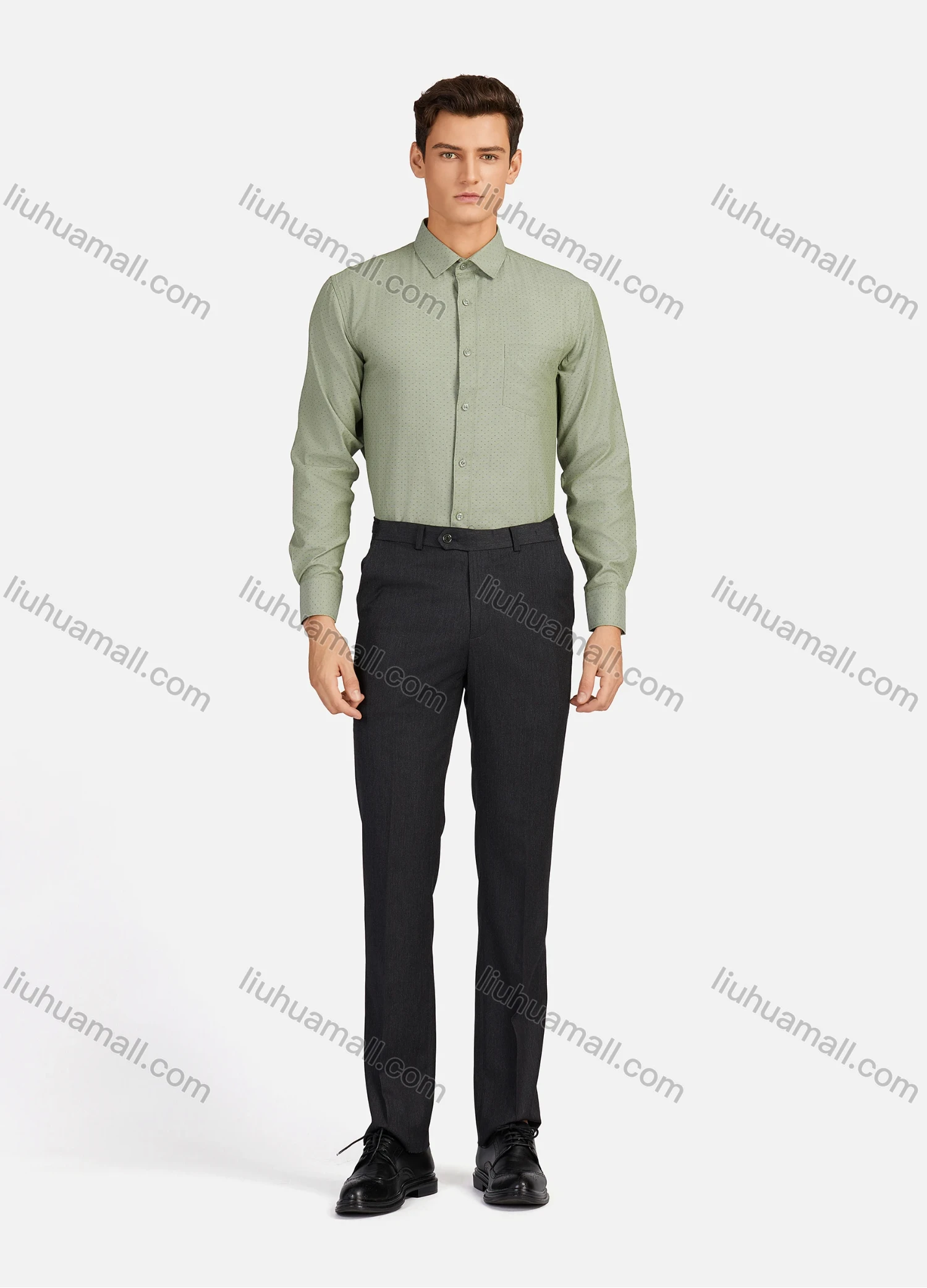 Wholesale Men's Casual Pin Dot Collared Patch Pocket Button Down Long Sleeve Curved Hem Shirts - Liuhuamall