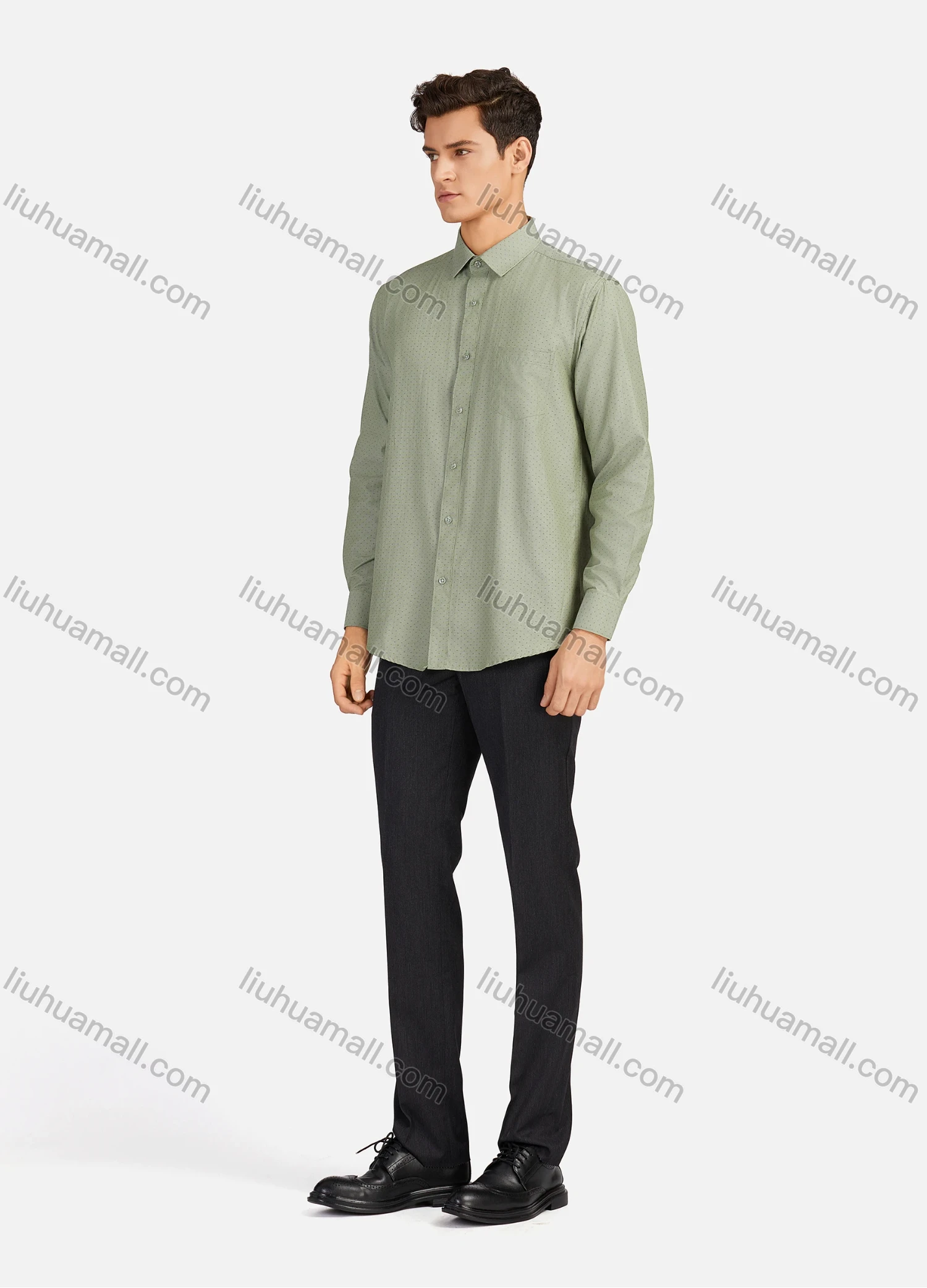 Wholesale Men's Casual Pin Dot Collared Patch Pocket Button Down Long Sleeve Curved Hem Shirts - Liuhuamall
