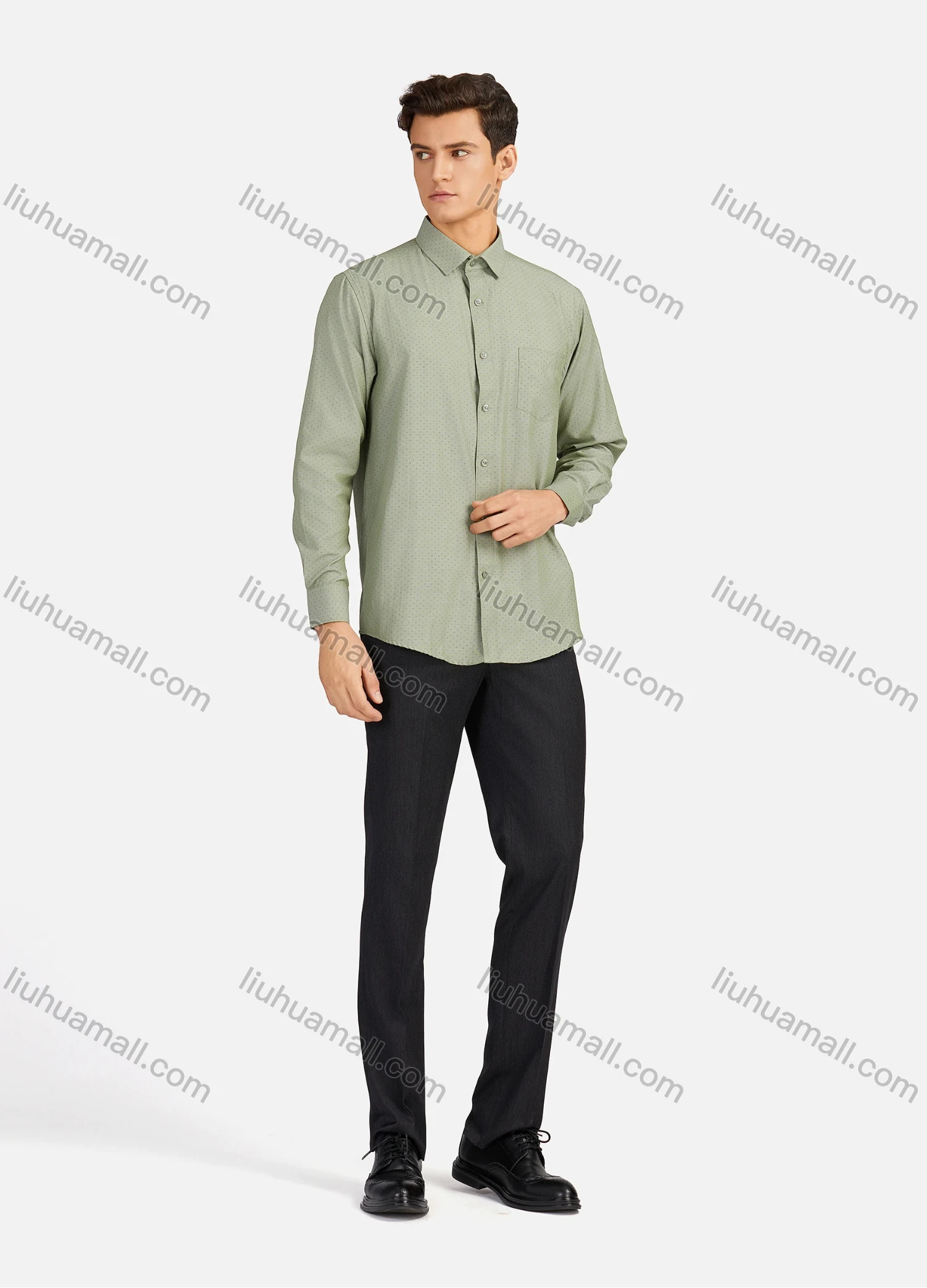Wholesale Men's Casual Pin Dot Collared Patch Pocket Button Down Long Sleeve Curved Hem Shirts - Liuhuamall