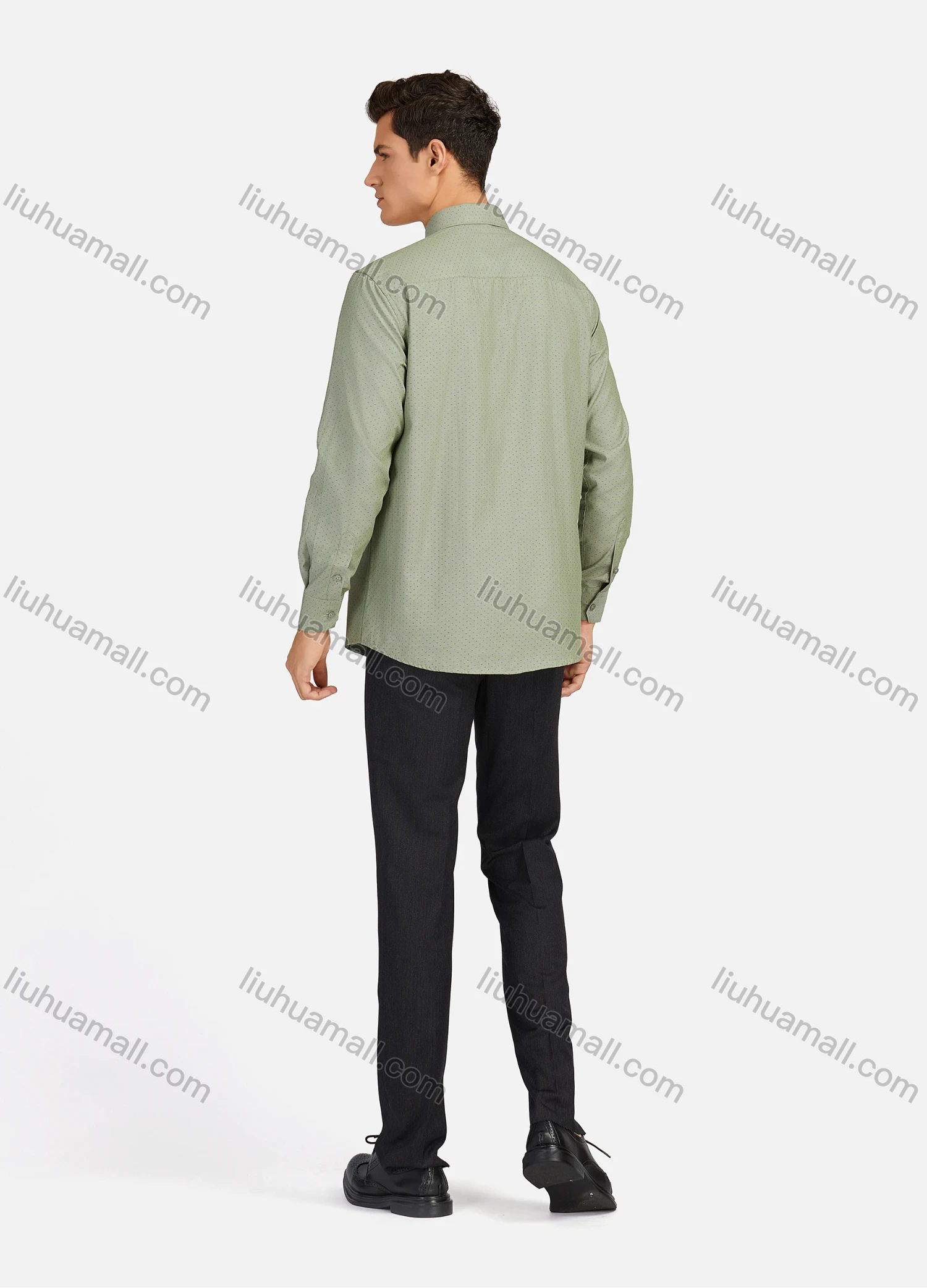 Wholesale Men's Casual Pin Dot Collared Patch Pocket Button Down Long Sleeve Curved Hem Shirts - Liuhuamall