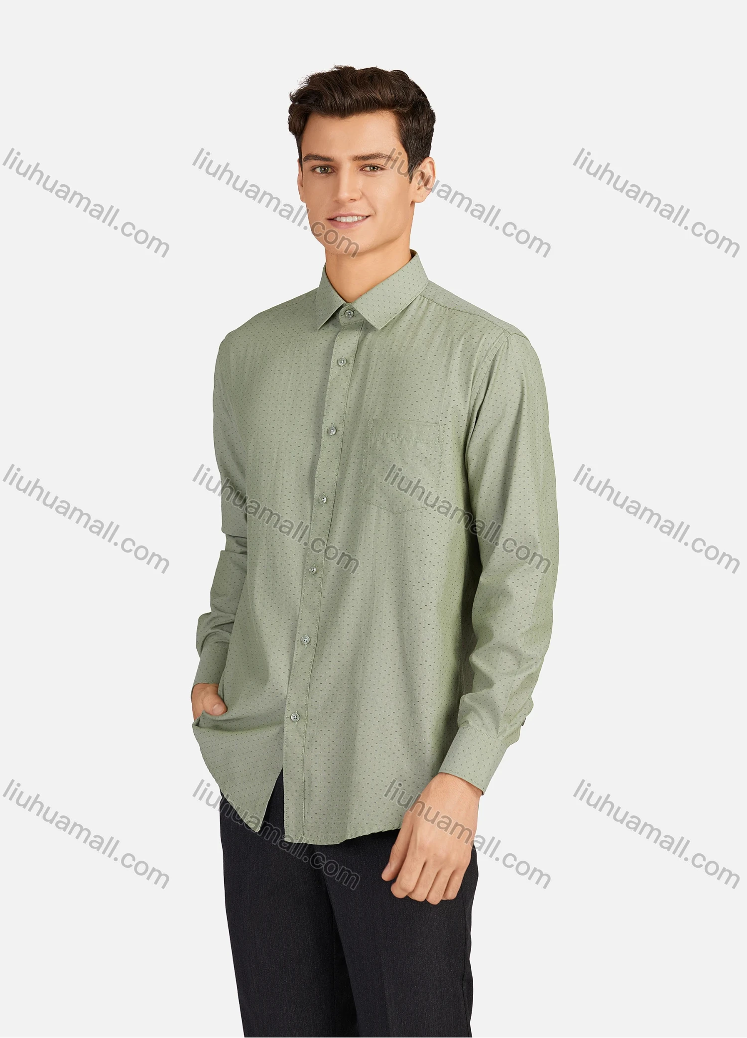 Wholesale Men's Casual Pin Dot Collared Patch Pocket Button Down Long Sleeve Curved Hem Shirts - Liuhuamall
