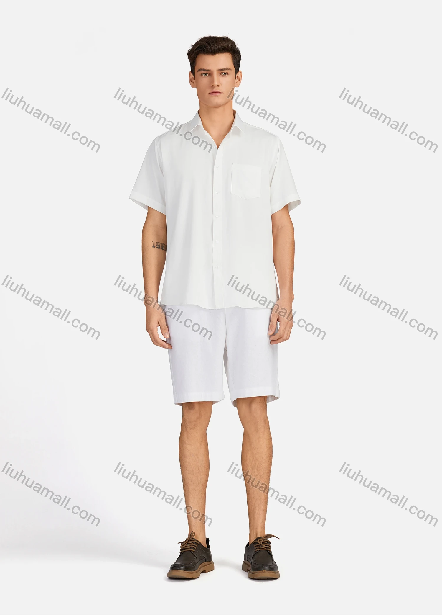 Wholesale Men's Casual Plain Collared Patch Pocket Button Down Short Sleeve Shirts - Liuhuamall