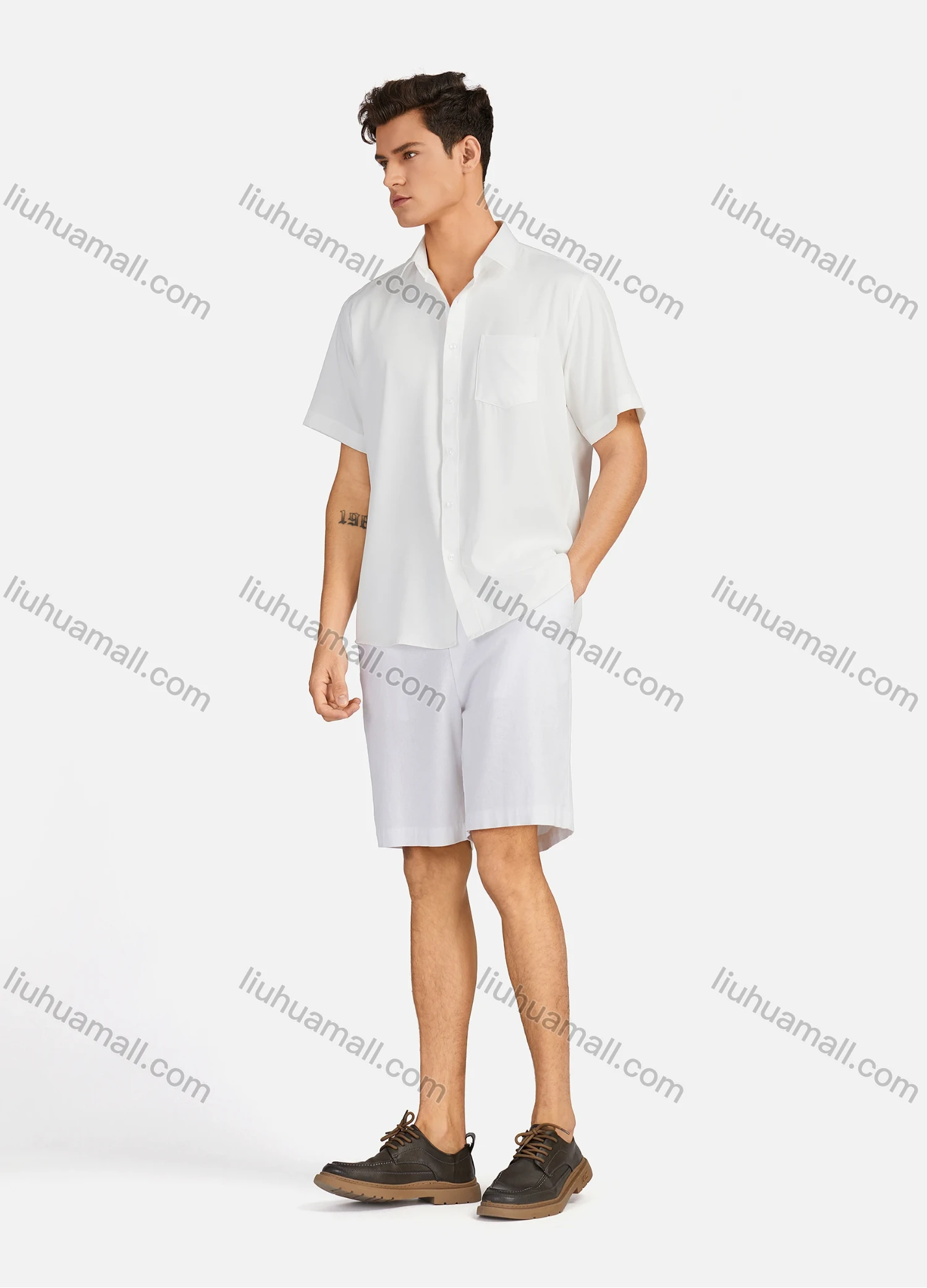 Wholesale Men's Casual Plain Collared Patch Pocket Button Down Short Sleeve Shirts - Liuhuamall